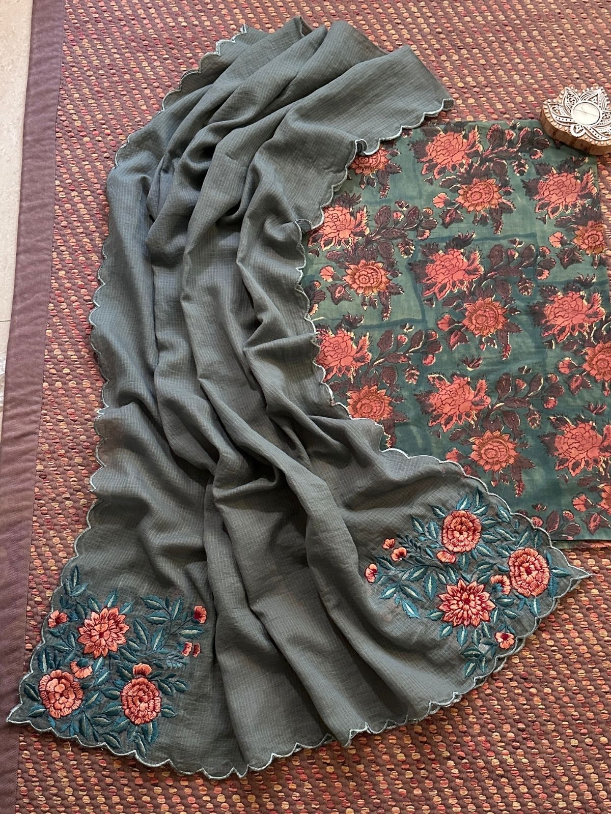 Pure Cotton Malmal Handblock Fabric with Embroidered Dupatta.