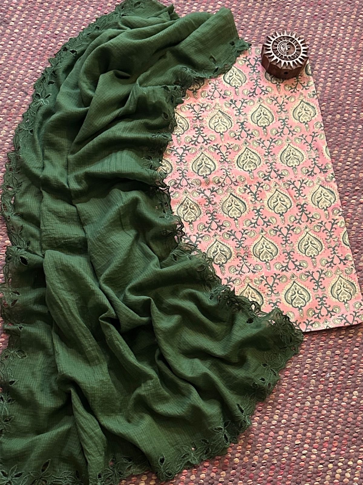 Pure Cotton Handblock Fabric with Cutwork Embroidered Dupatta
