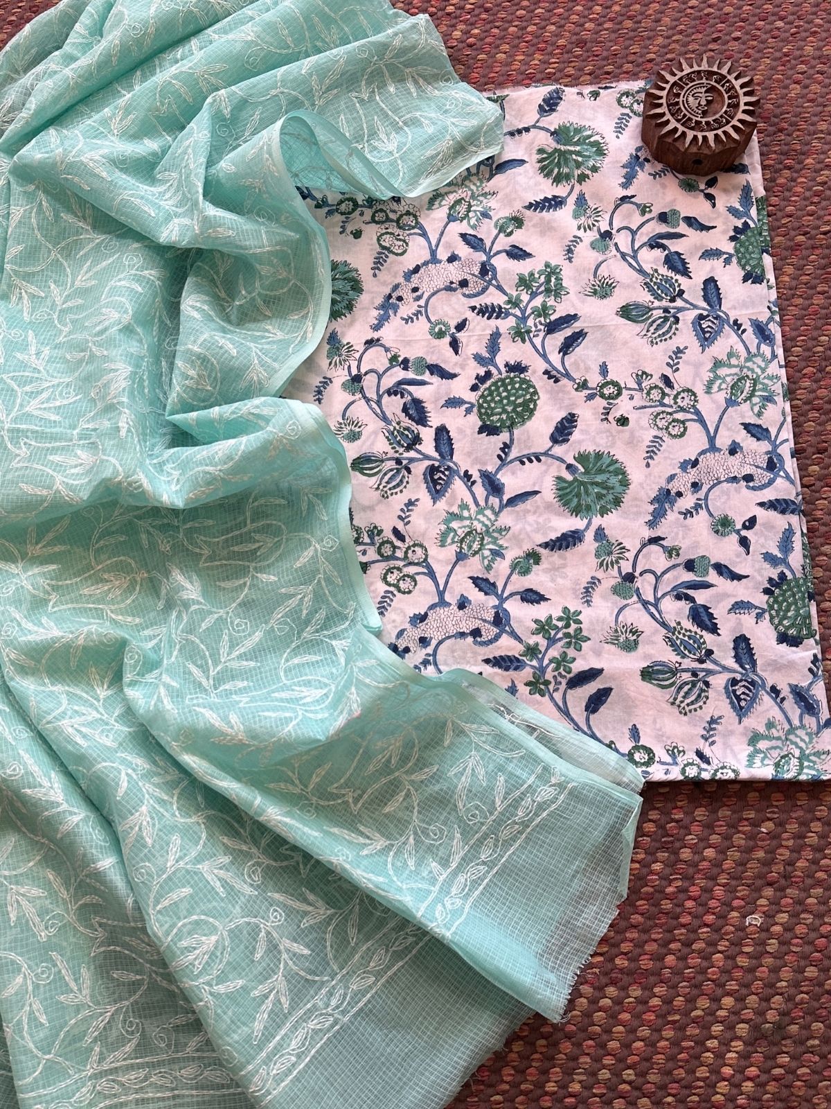 Pure Cotton Hand Blocked Fabric with Chikankari Dupatta