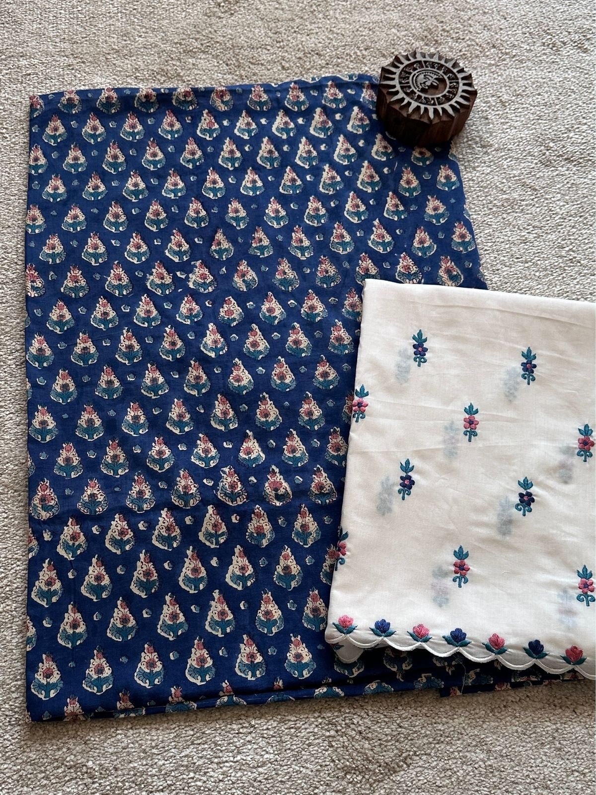 Pure Cotton Hand-blocked Fabric with Embroidered Bottom