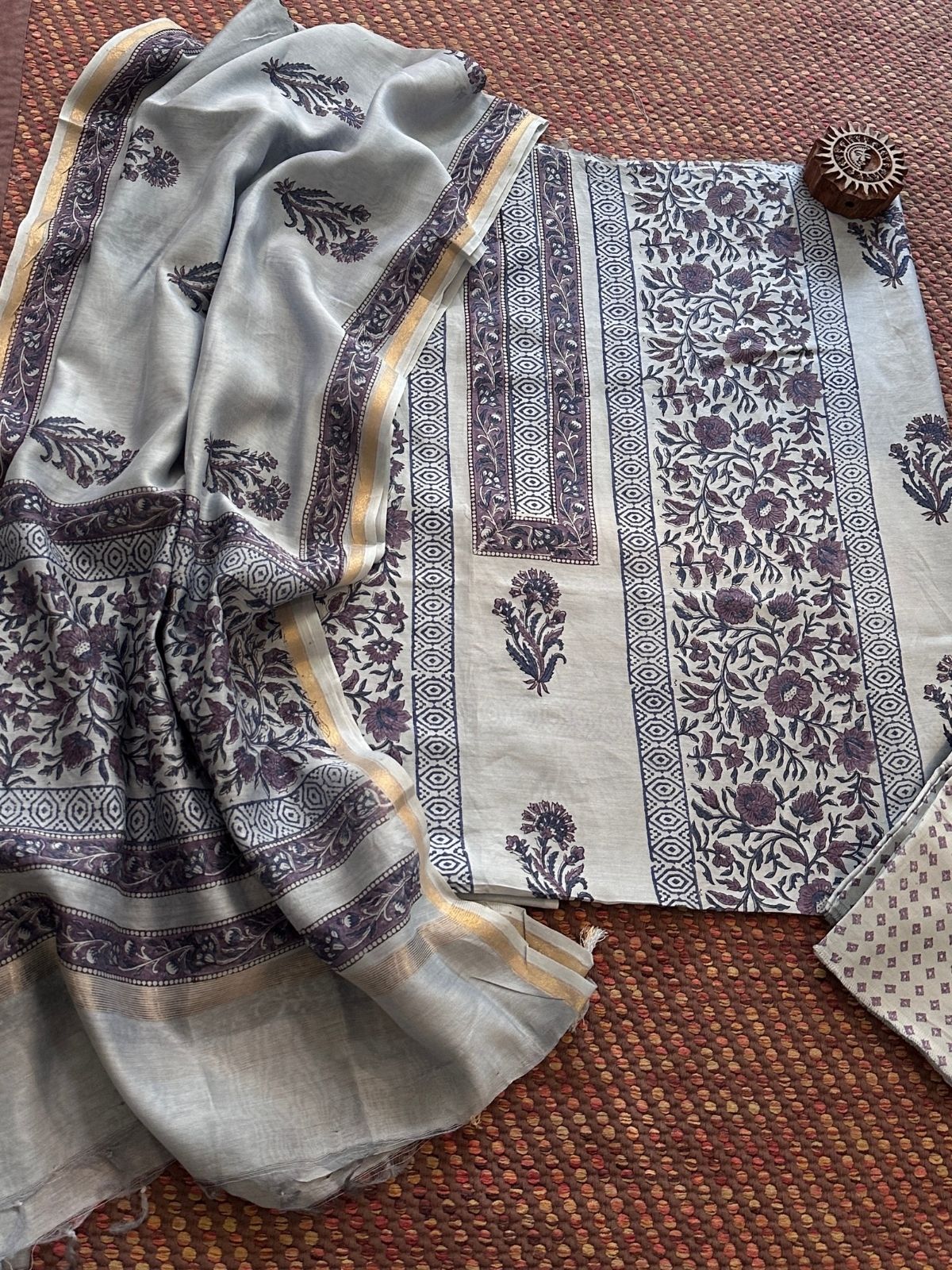 Hand-blocked Maheswari Unstitched Set