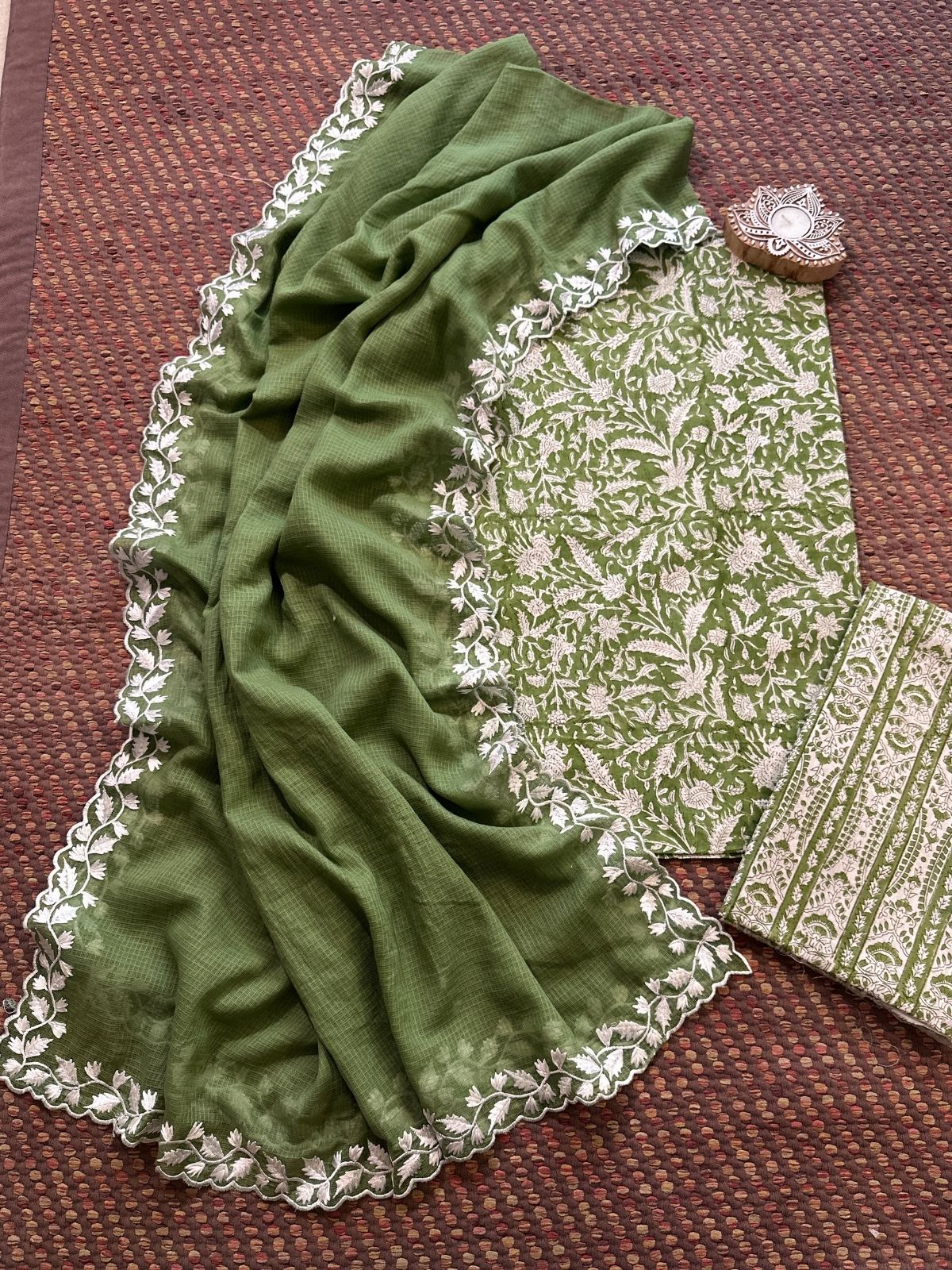 Pure Cotton  Hand blocked Set with Embroidered Dupatta