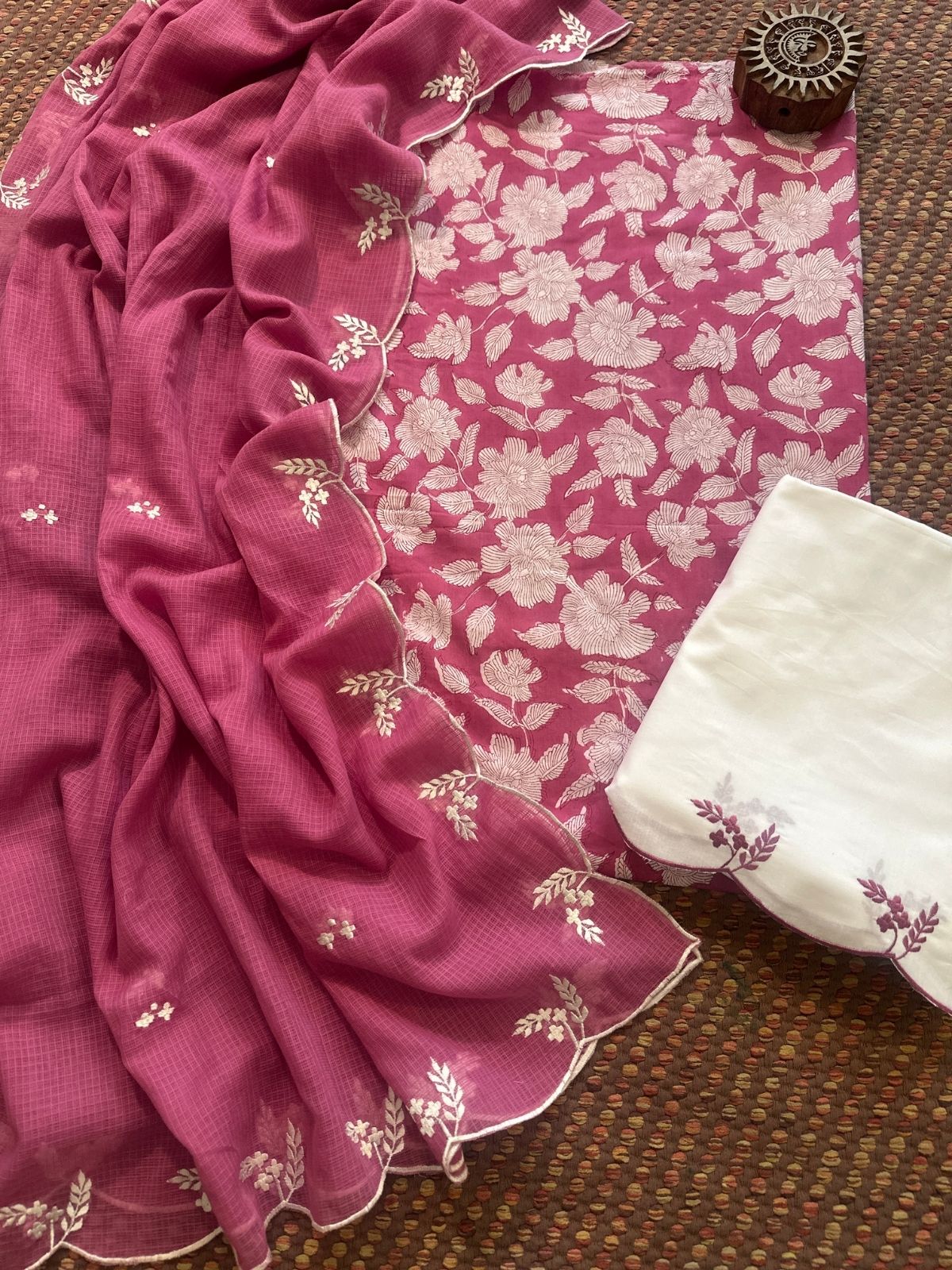 Pure Cotton Hand-block Fabric with Embroidered Bottom & Kota Doria Dupatta
