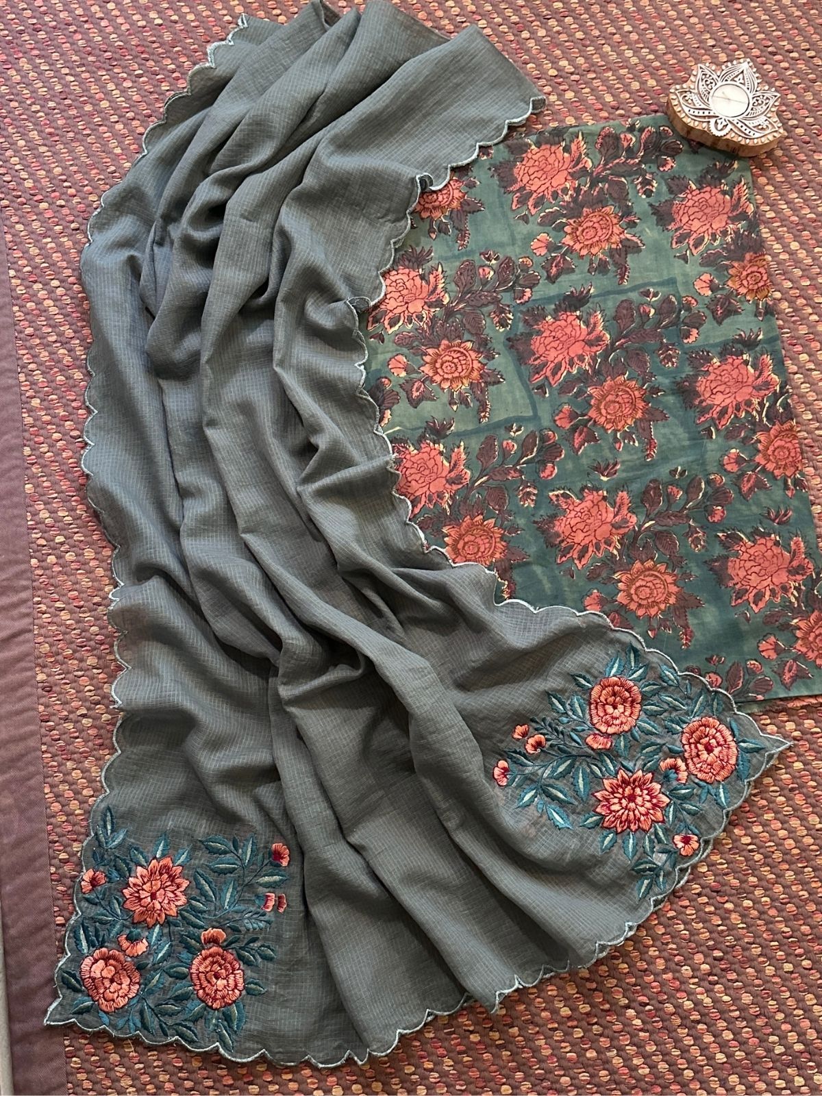 Pure Cotton Malmal Handblock Fabric with Embroidered Dupatta.