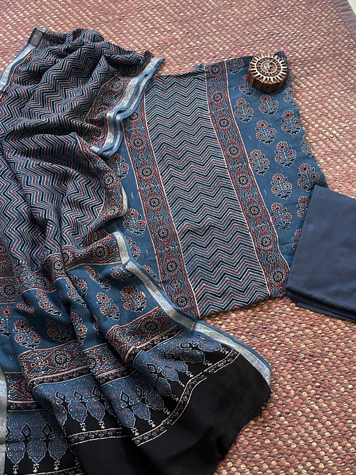 Linen Ajrakh Hand- Block Unstitched Set
