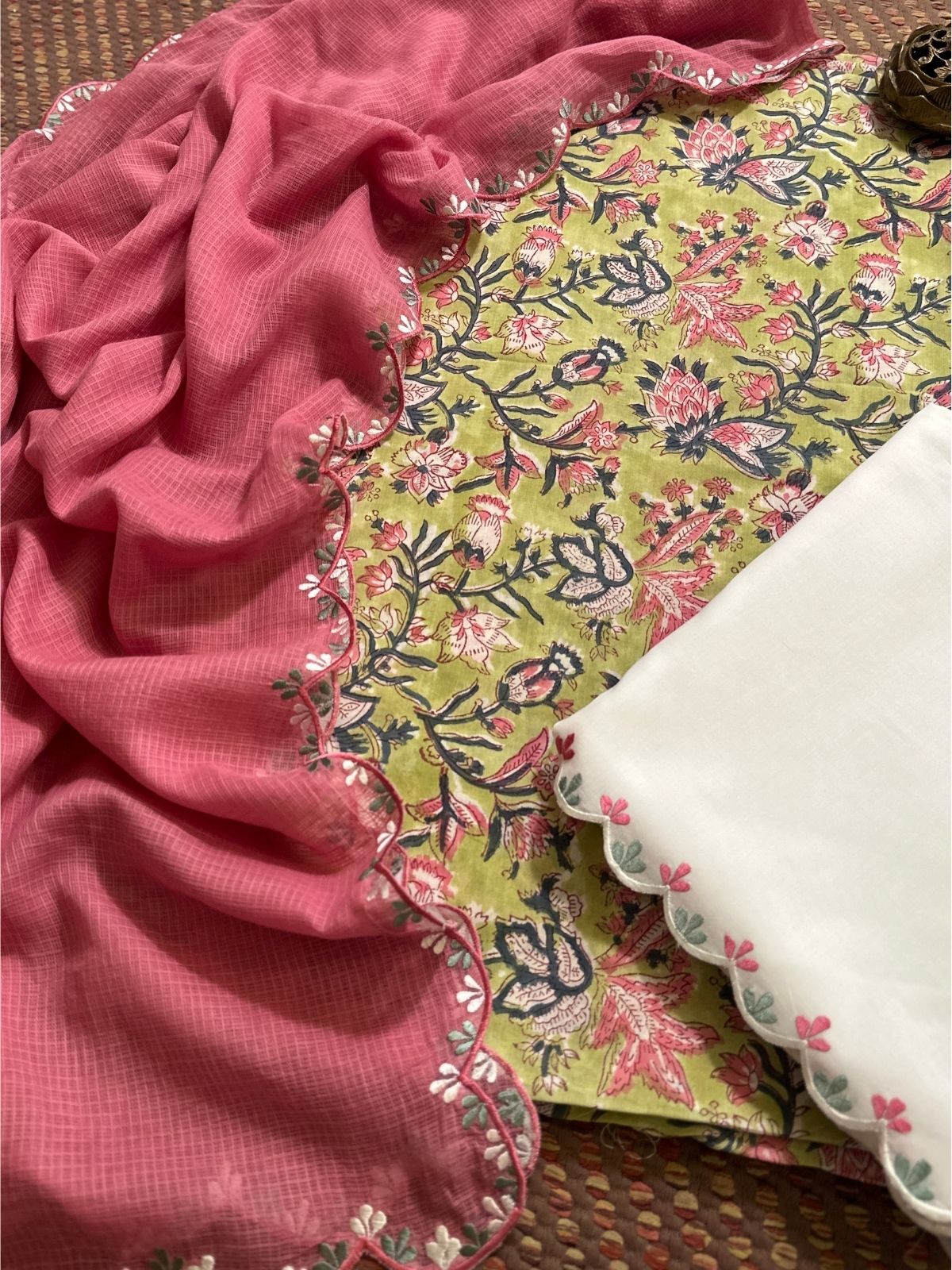Pure Cotton Hand-block Fabric with Embroidered Bottom & Kota Doria Dupatta