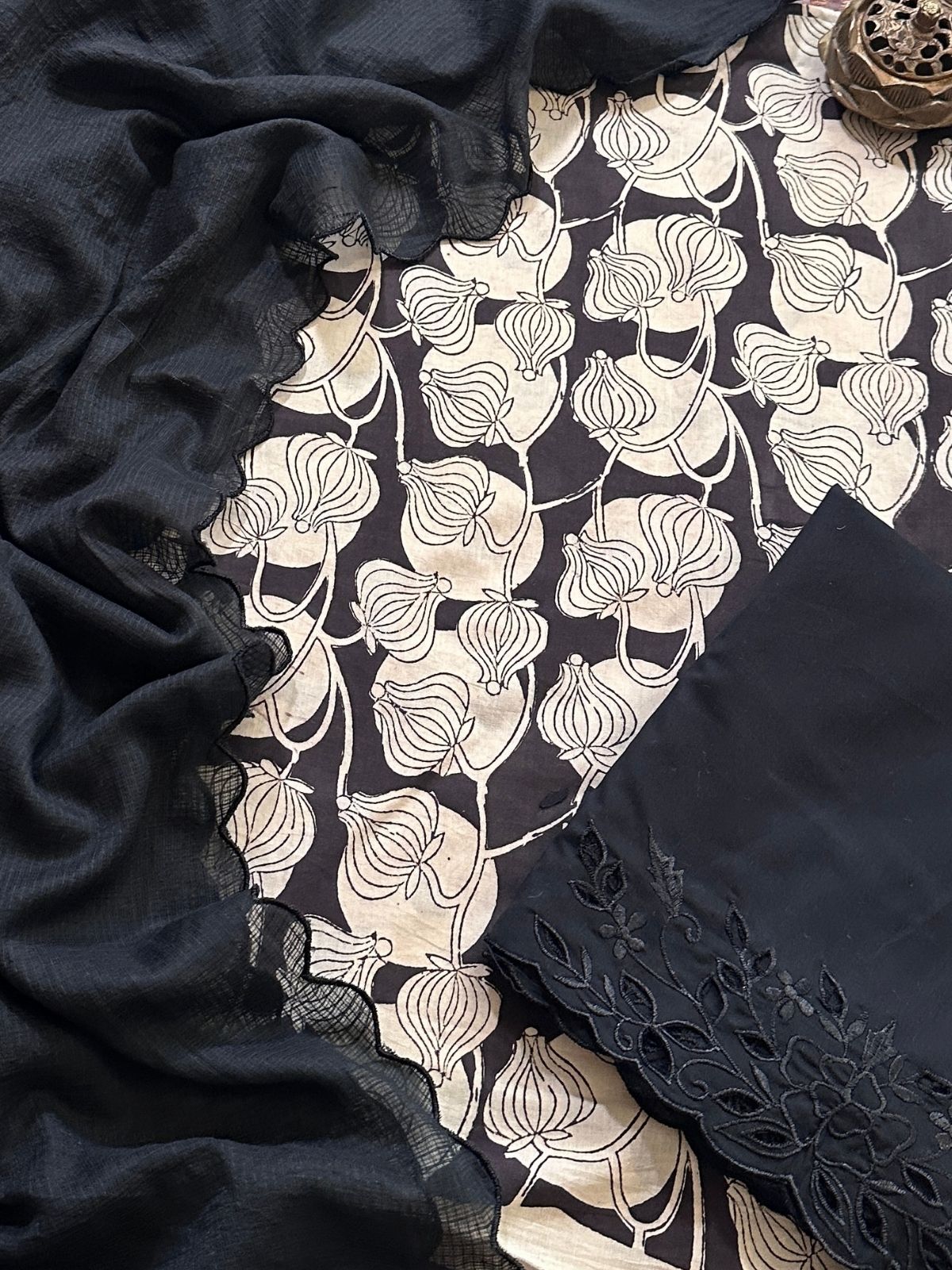 Pure Cotton Handblock Fabric with Cutwork Bottom & Kota Doria Dupatta