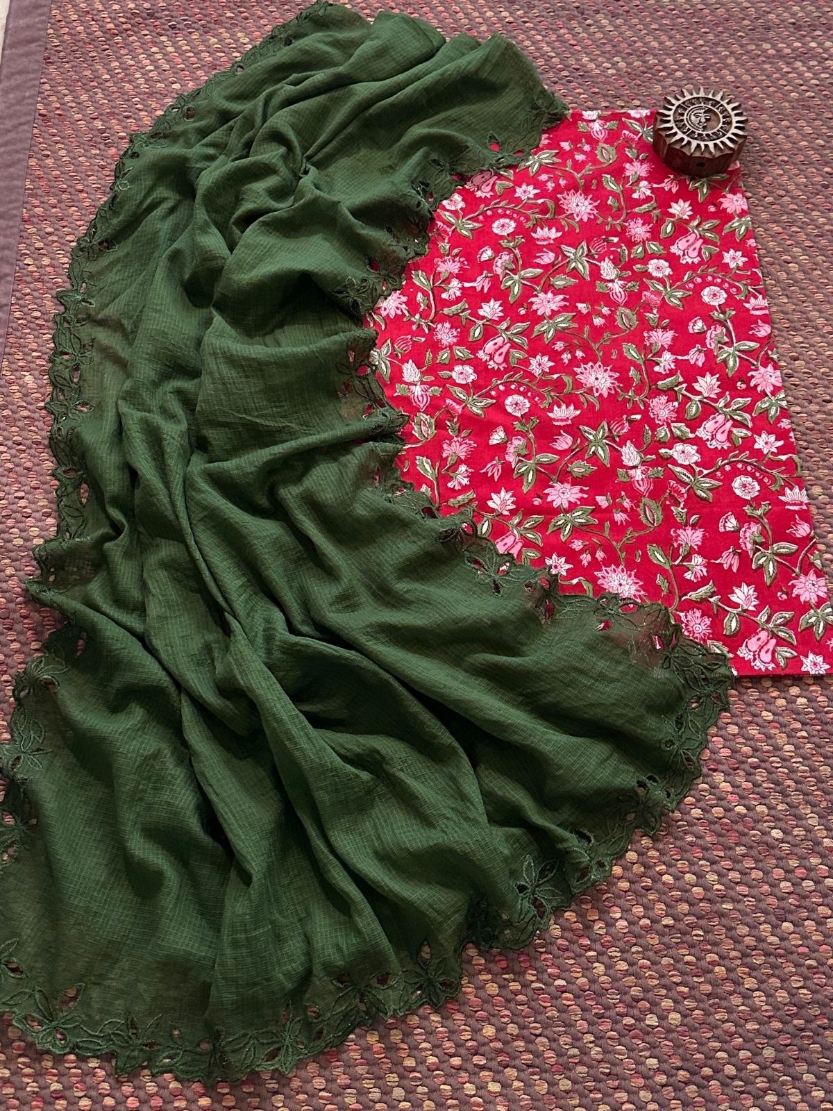 Pure Cotton Handblock Fabric with Cutwork Embroidered Dupatta