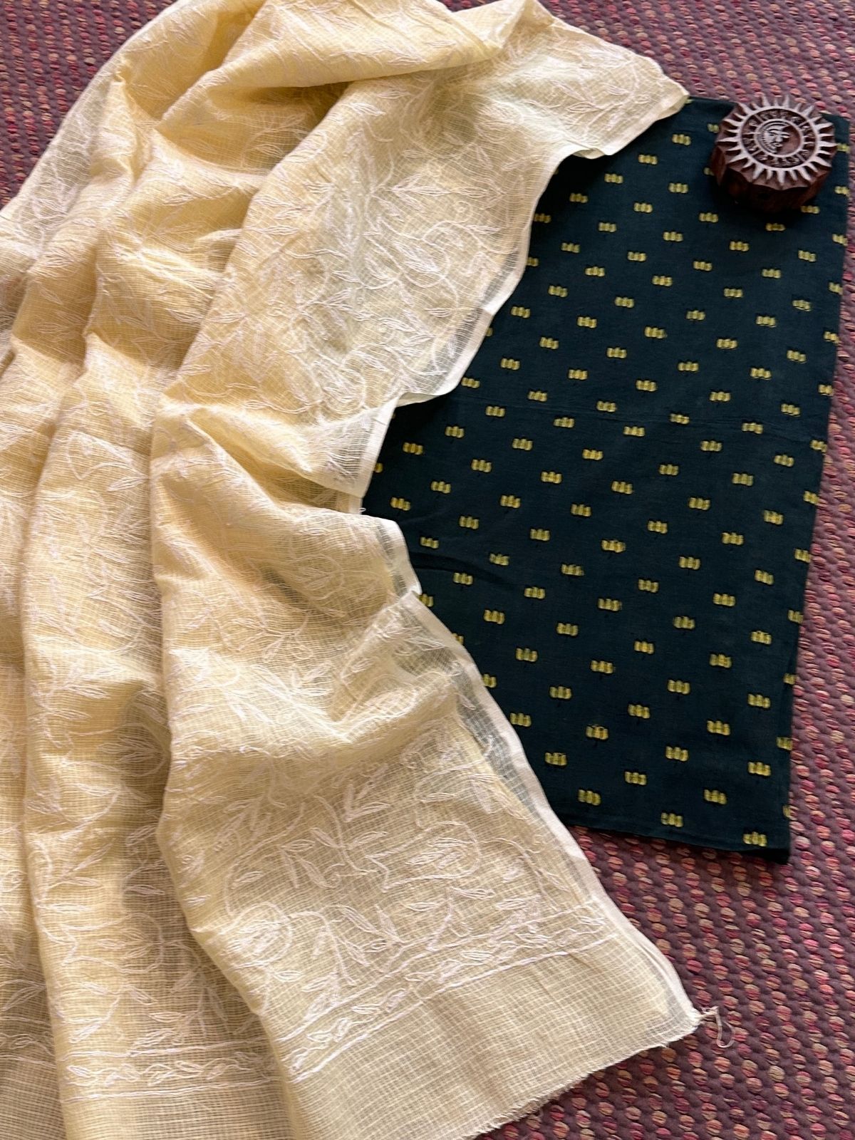 Ajrakh Handblocked Cotton Malmal Fabric with Chikankari Kota Dupatta Unstitched Set