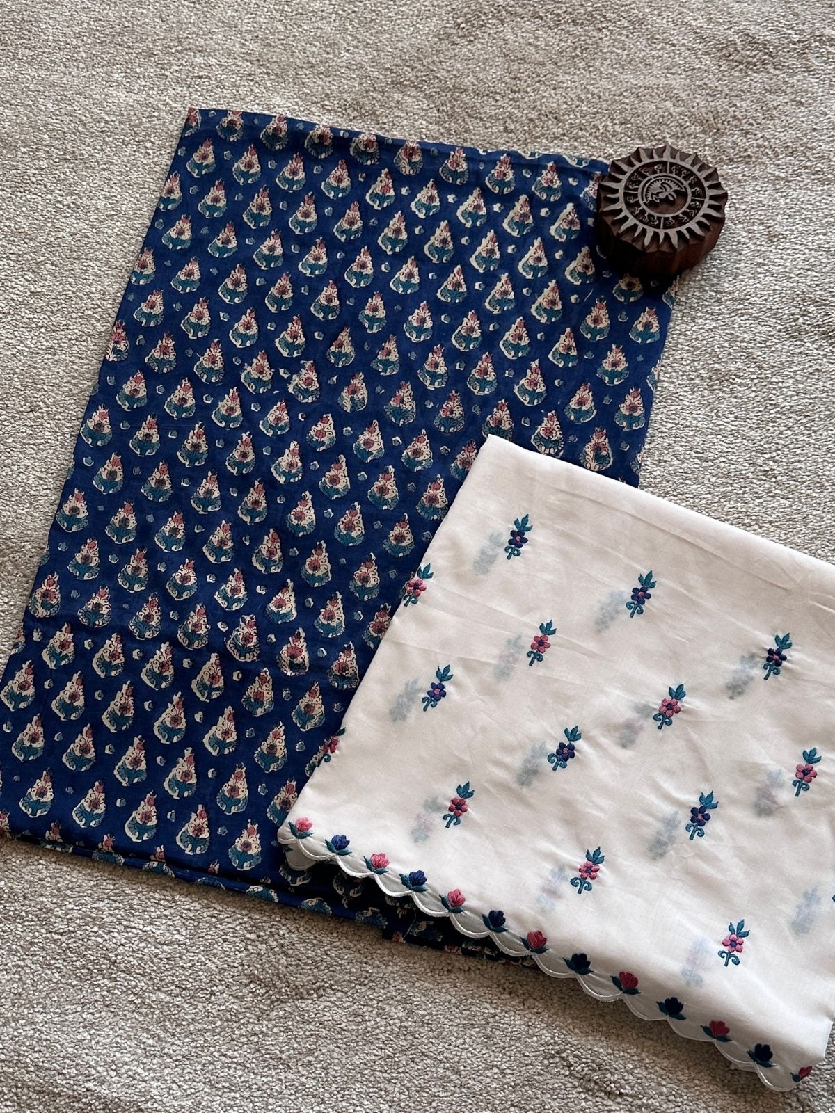Pure Cotton Hand-blocked Fabric with Embroidered Bottom