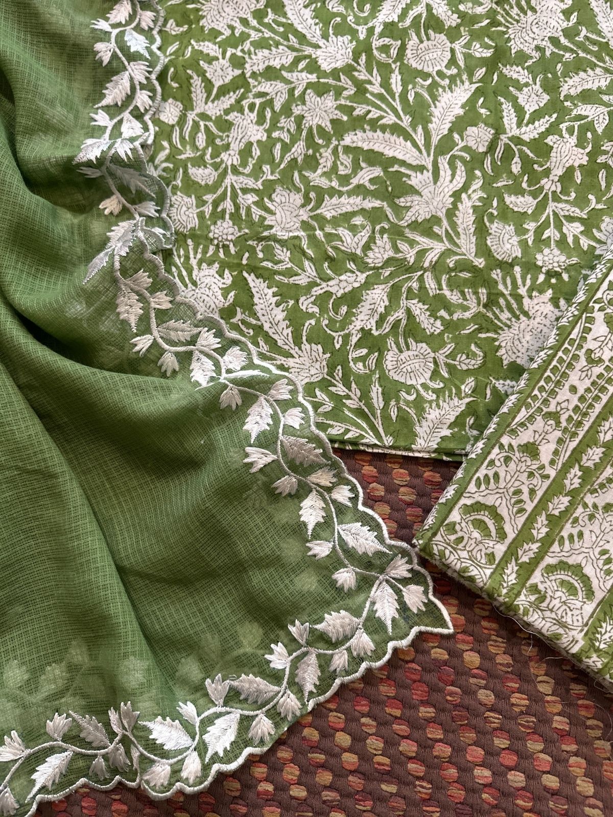 Pure Cotton  Hand blocked Set with Embroidered Dupatta