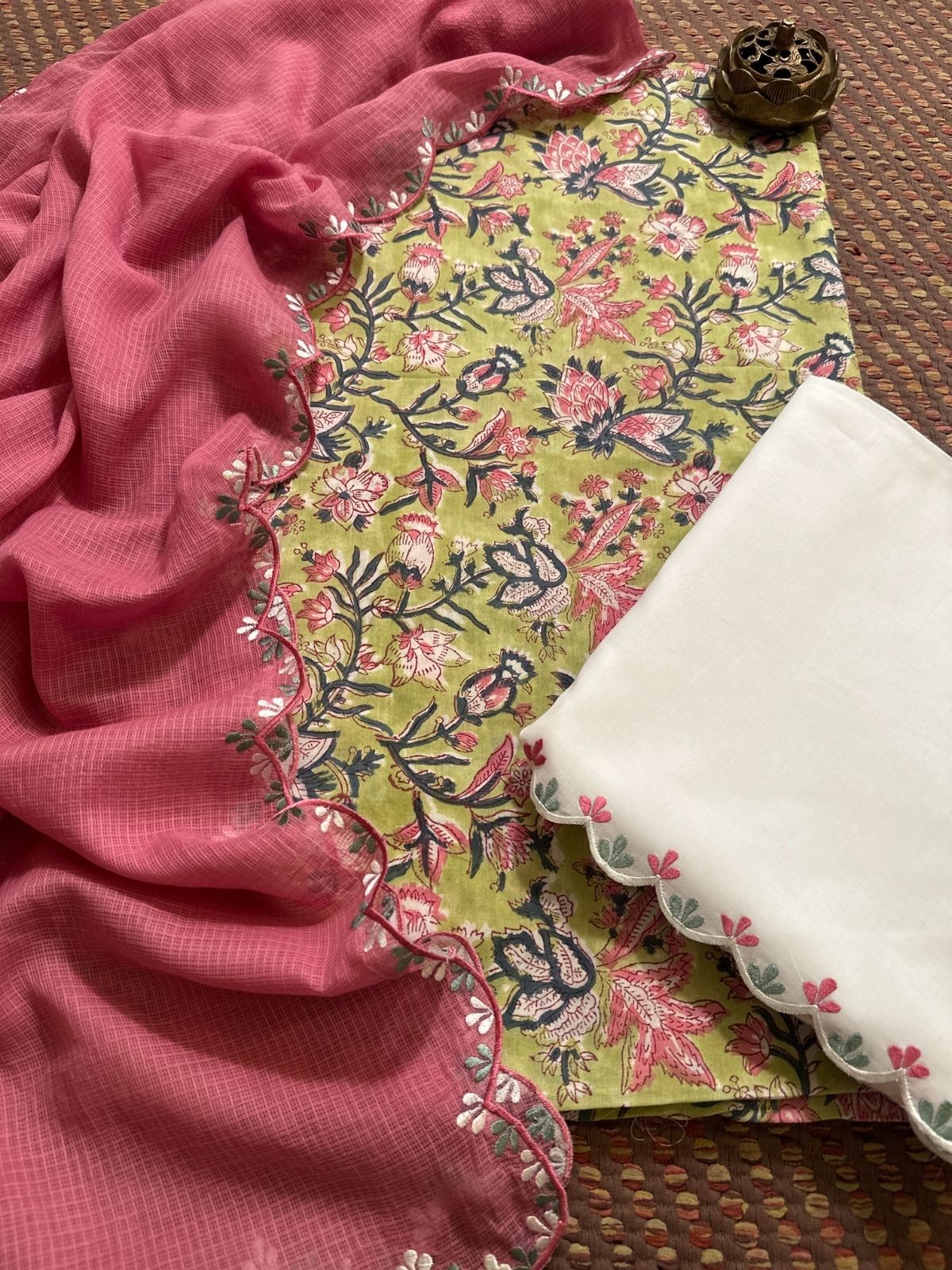 Pure Cotton Hand-block Fabric with Embroidered Bottom & Kota Doria Dupatta