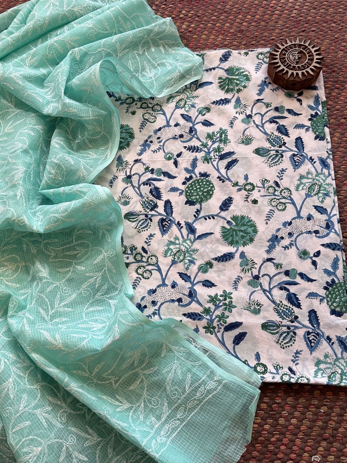 Pure Cotton Hand Blocked Fabric with Chikankari Dupatta