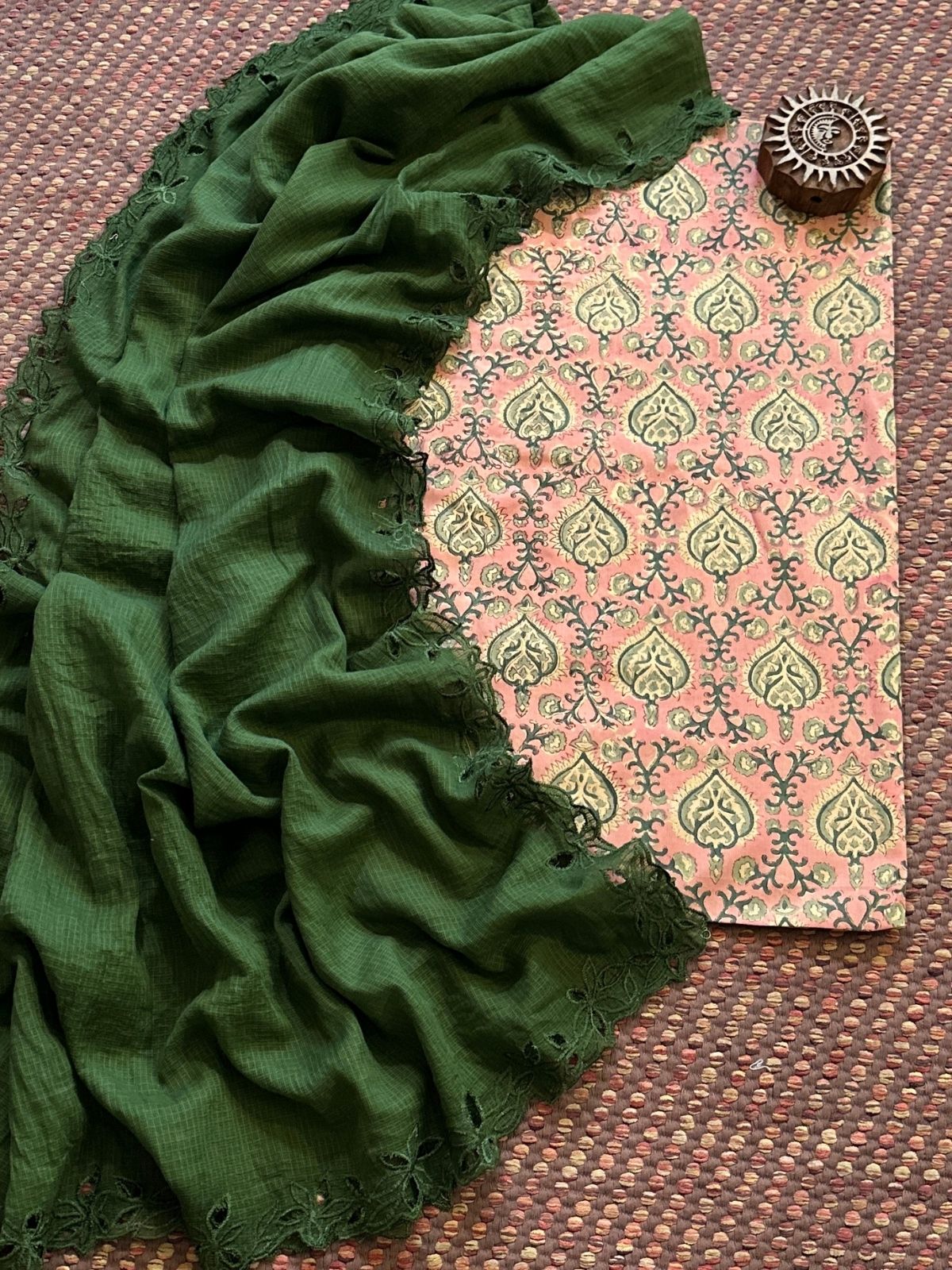 Pure Cotton Handblock Fabric with Cutwork Embroidered Dupatta