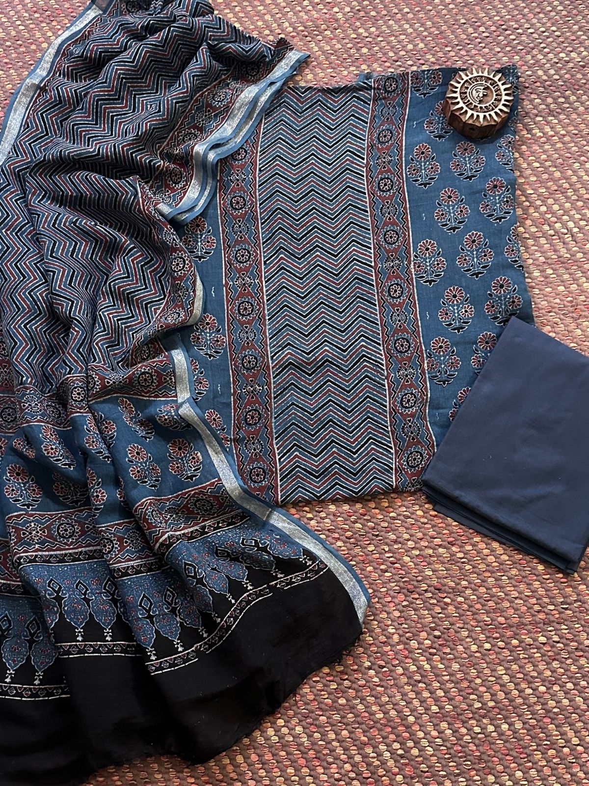 Linen Ajrakh Hand- Block Unstitched Set