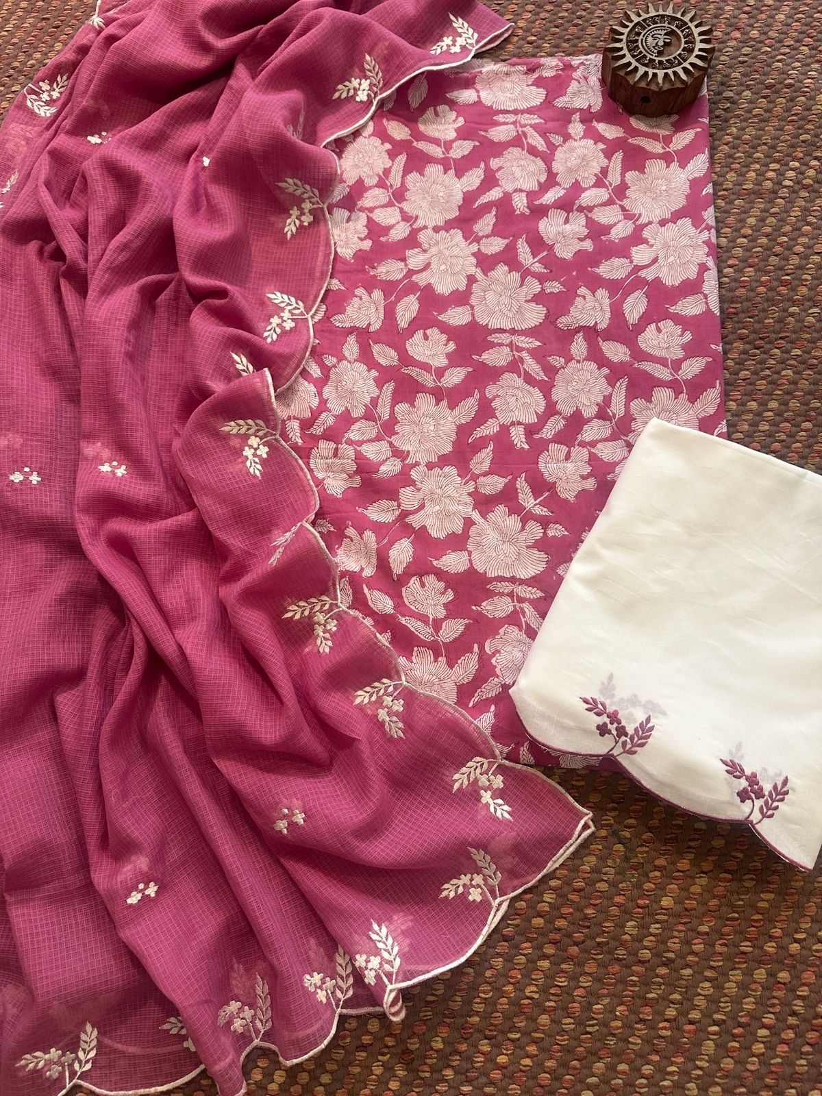 Pure Cotton Hand-block Fabric with Embroidered Bottom & Kota Doria Dupatta