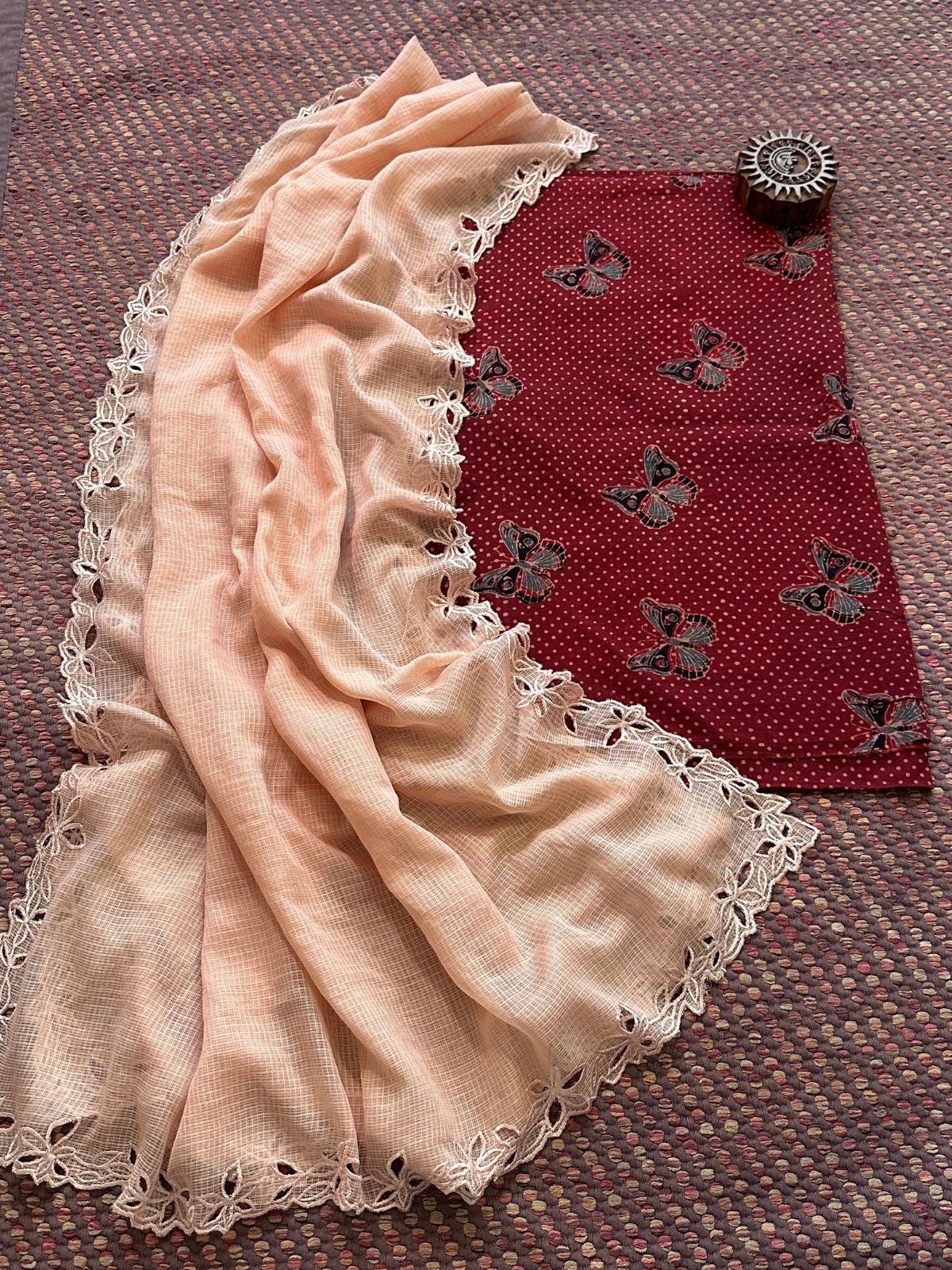 Pure Cotton Malmal Ajrakh Handblock Fabric with Cutwork Embroidered Dupatta