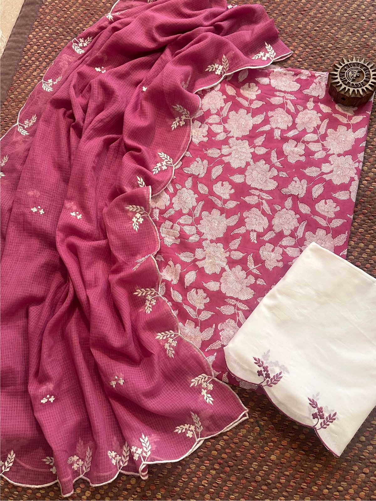Pure Cotton Hand-block Fabric with Embroidered Bottom & Kota Doria Dupatta