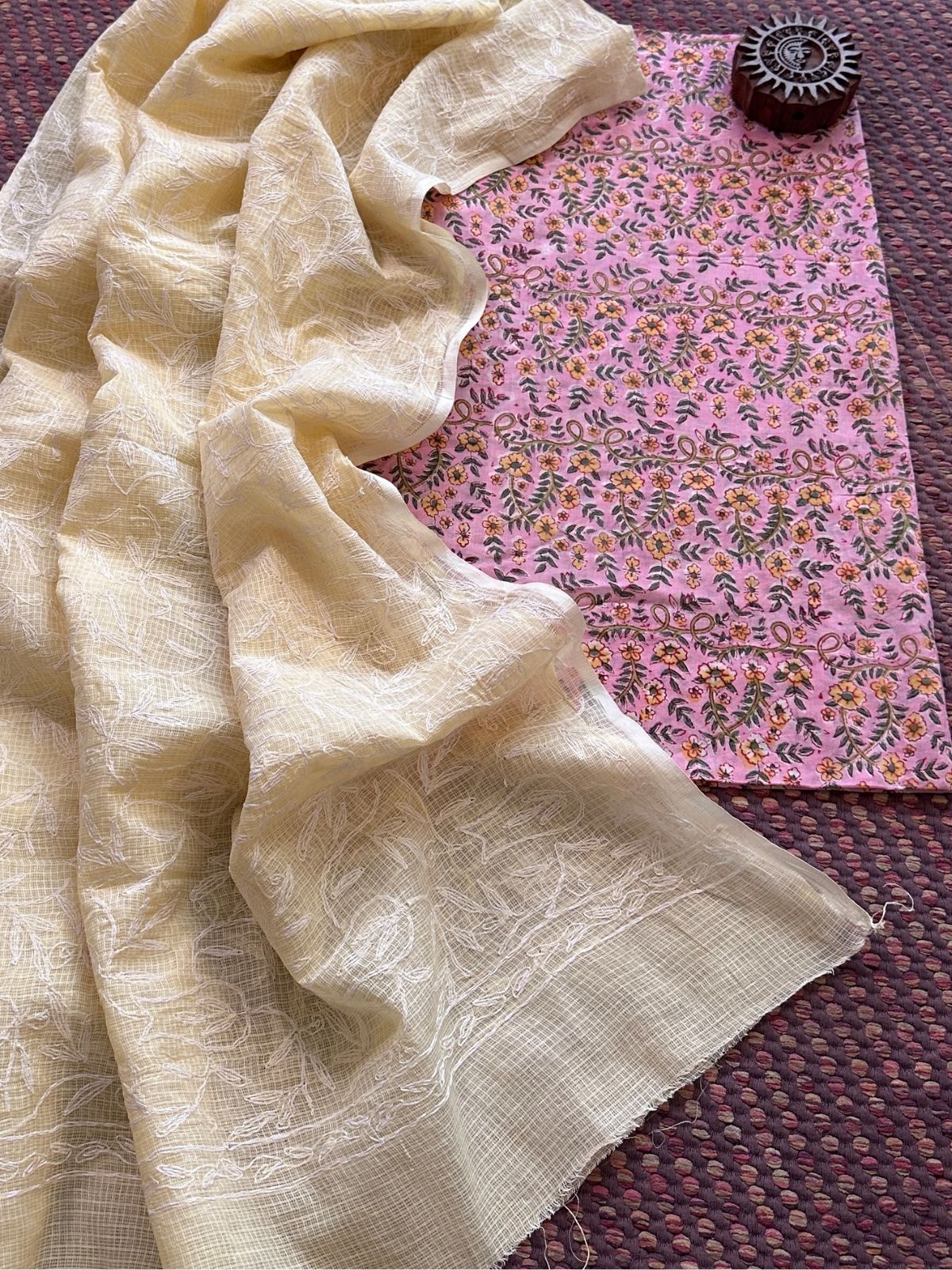 Pure Cotton Malmal Hand Blocked Fabric with Chikankari Dupatta
