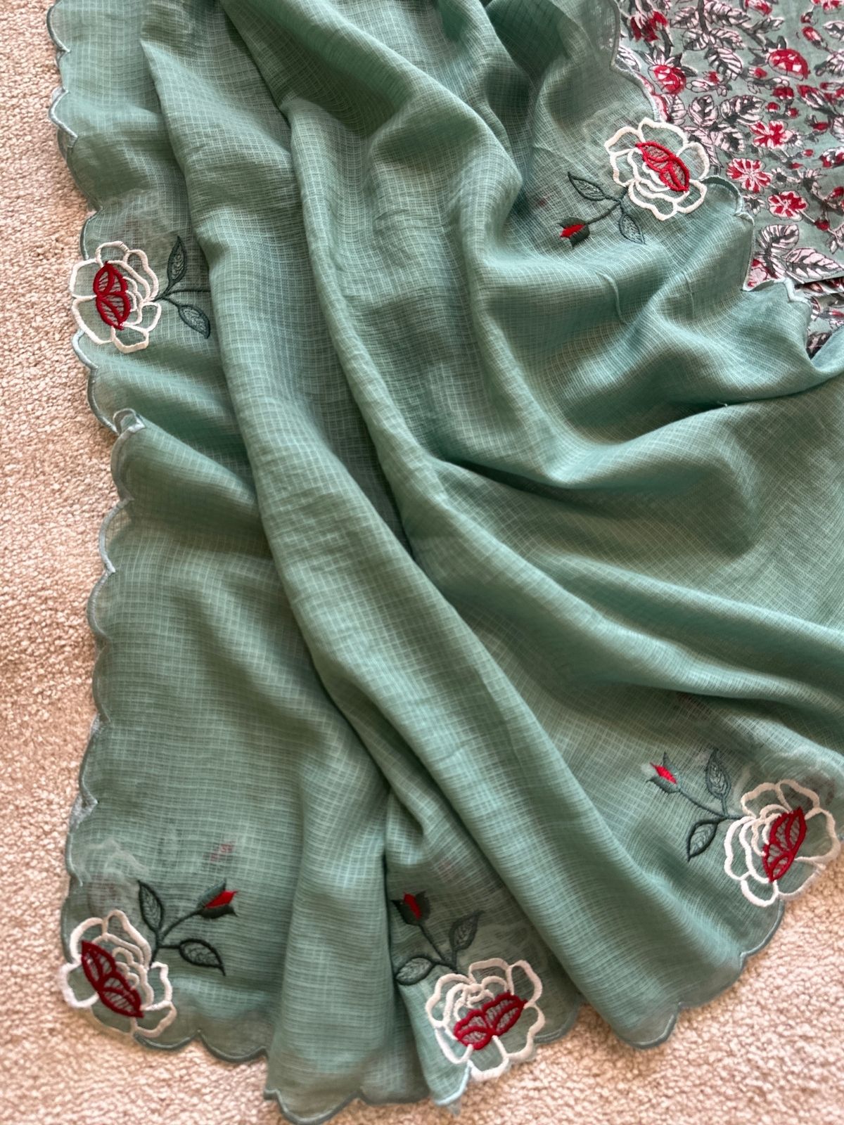 Pure Cotton Hand-block Fabric with Embroidered Bottom & Kota Doria Dupatta