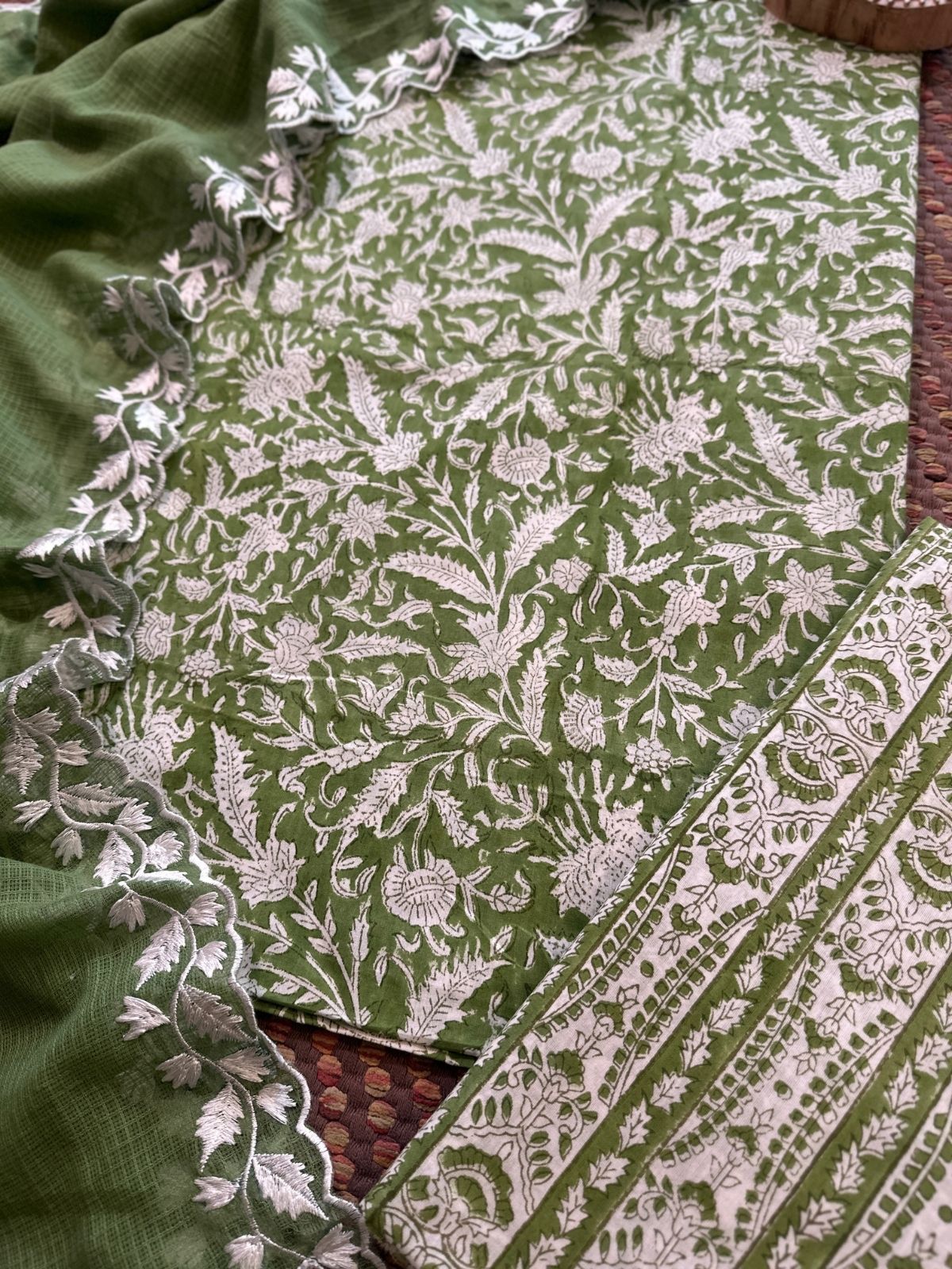 Pure Cotton  Hand blocked Set with Embroidered Dupatta