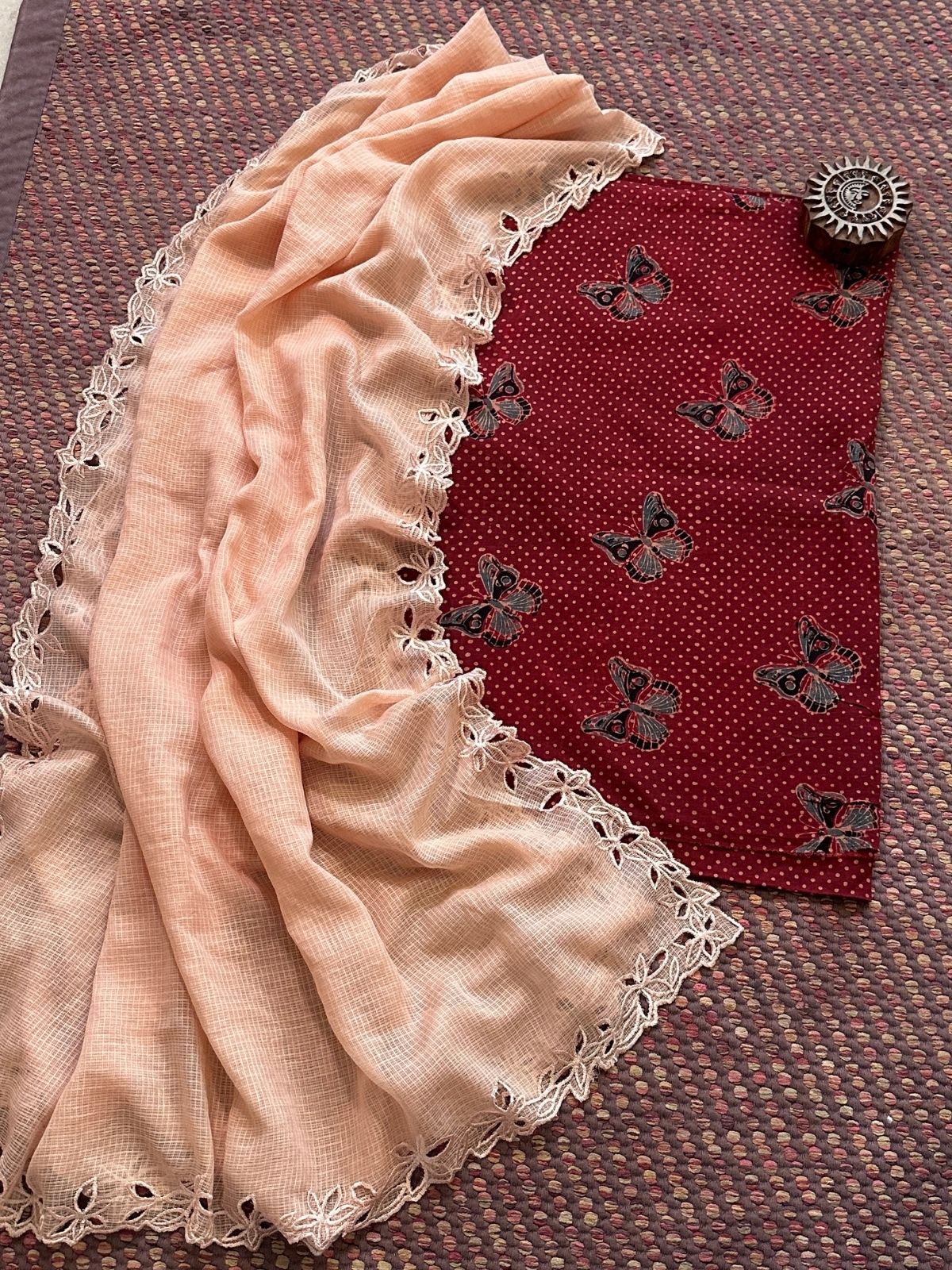 Pure Cotton Malmal Ajrakh Handblock Fabric with Cutwork Embroidered Dupatta
