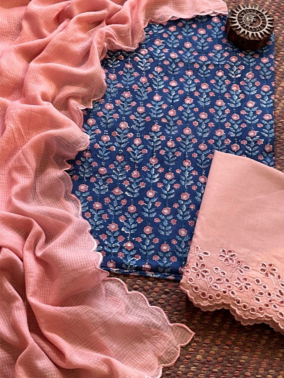 Pure Cotton Hand-blocked Fabric with Cutwork Bottom & Kota Doria Dupatta