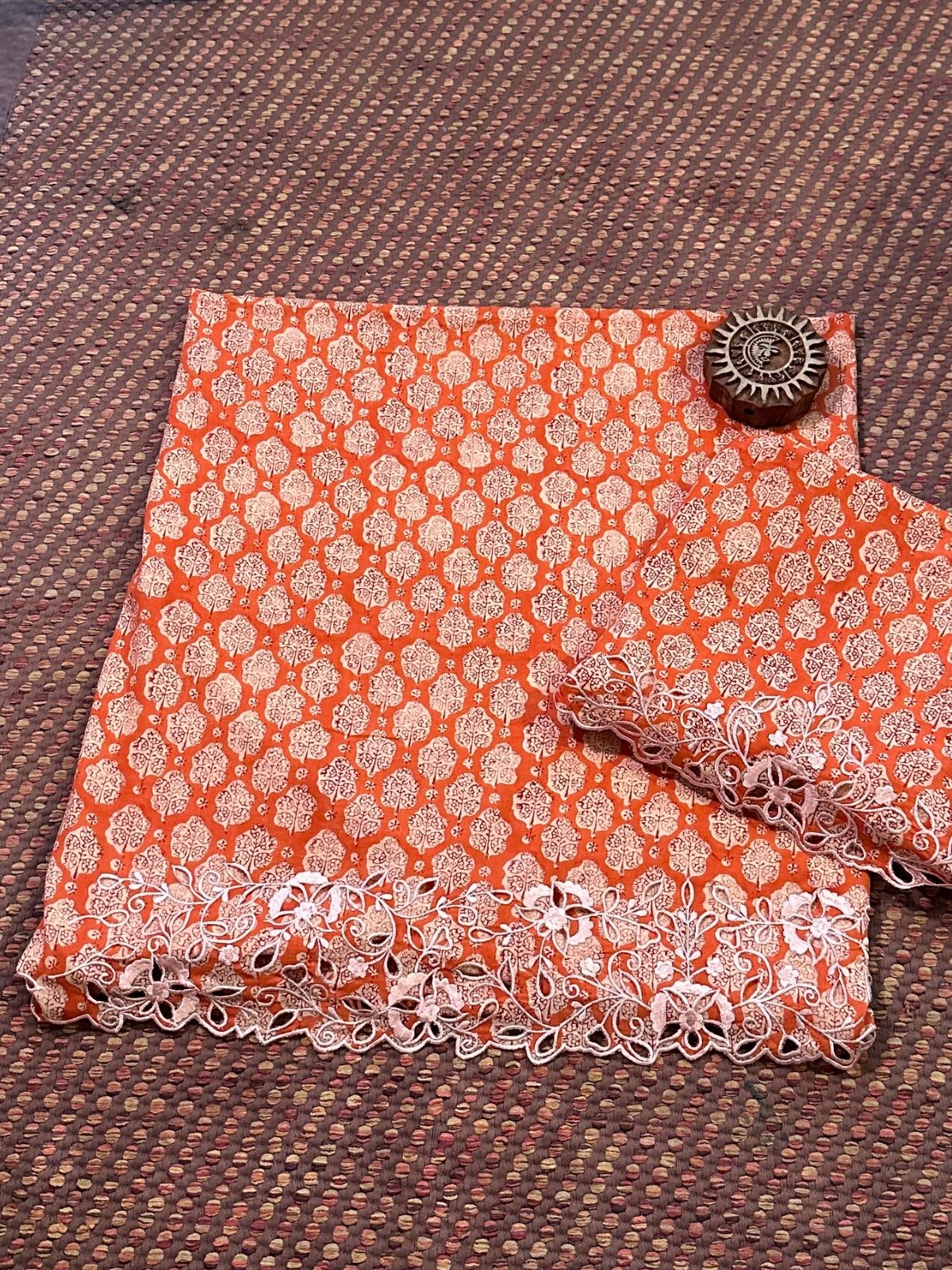 Cutwork Pure Cotton Malmal Hand-blocked Coord Set