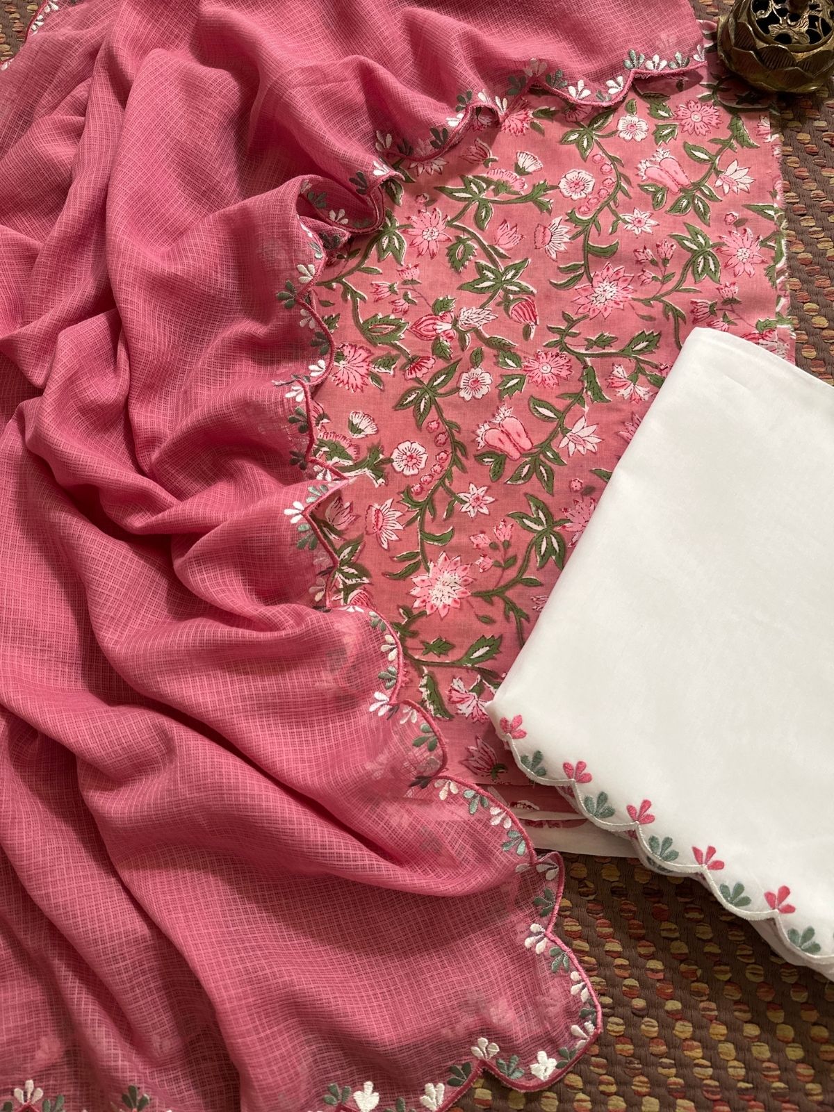 Pure Cotton Hand-block Fabric with Embroidered Bottom & Kota Doria Dupatta