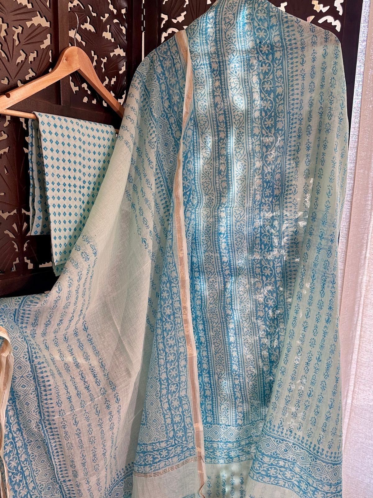 Premium Hand-blocked Malmal Maheswari Unstitched Set
