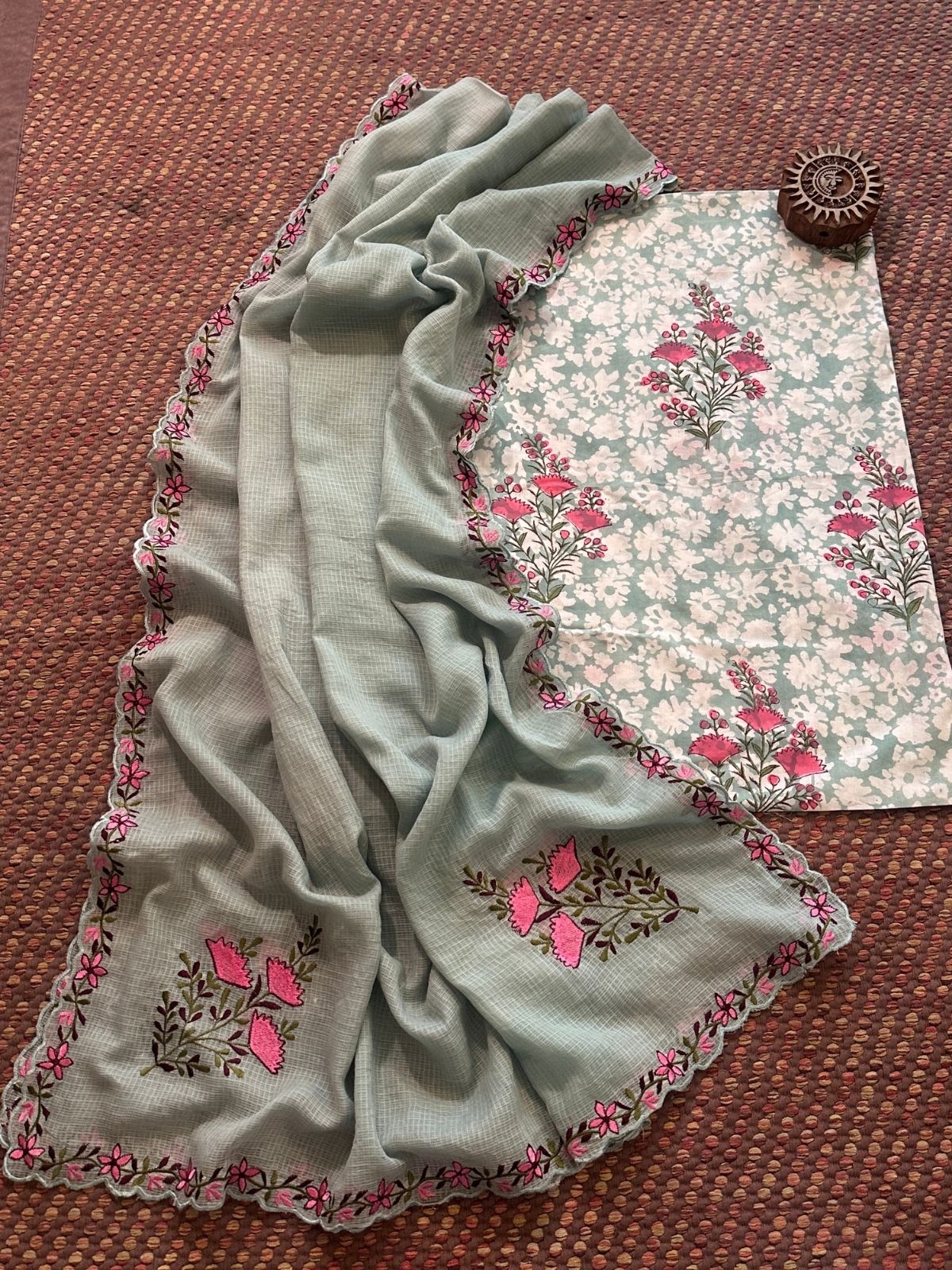 Pure Cotton Handblock Fabric with Exclusive Embroidered Dupatta