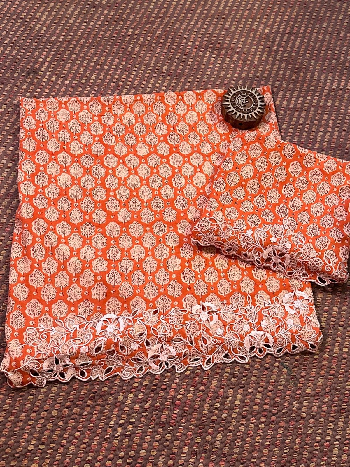 Cutwork Pure Cotton Malmal Hand-blocked Coord Set