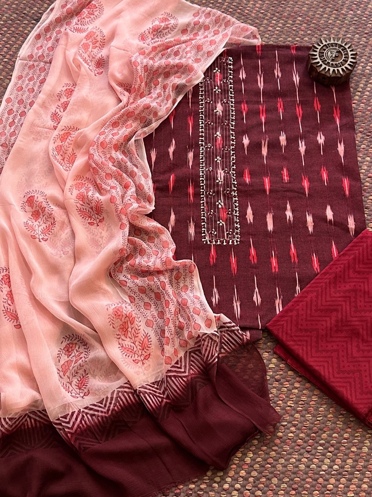 Pure Cotton Ikat Unstitched Set with Chiffon Dupatta