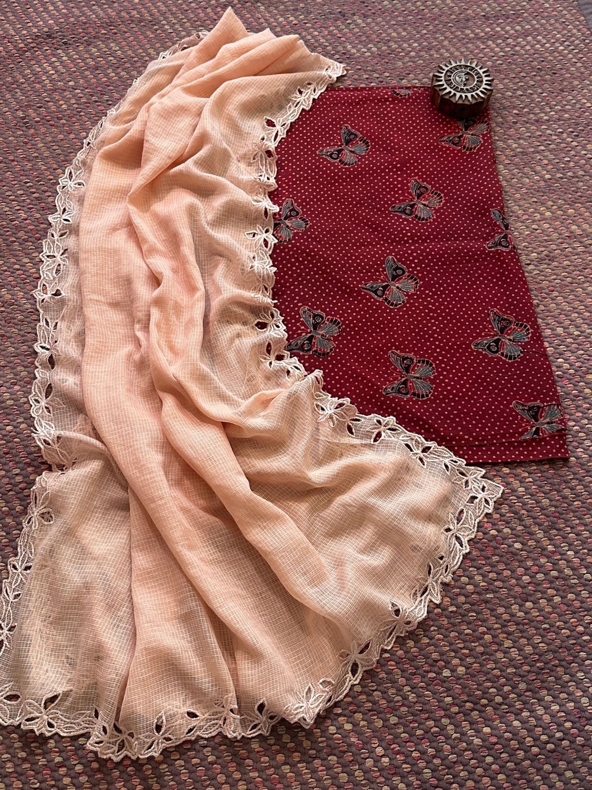 Pure Cotton Malmal Ajrakh Handblock Fabric with Cutwork Embroidered Dupatta