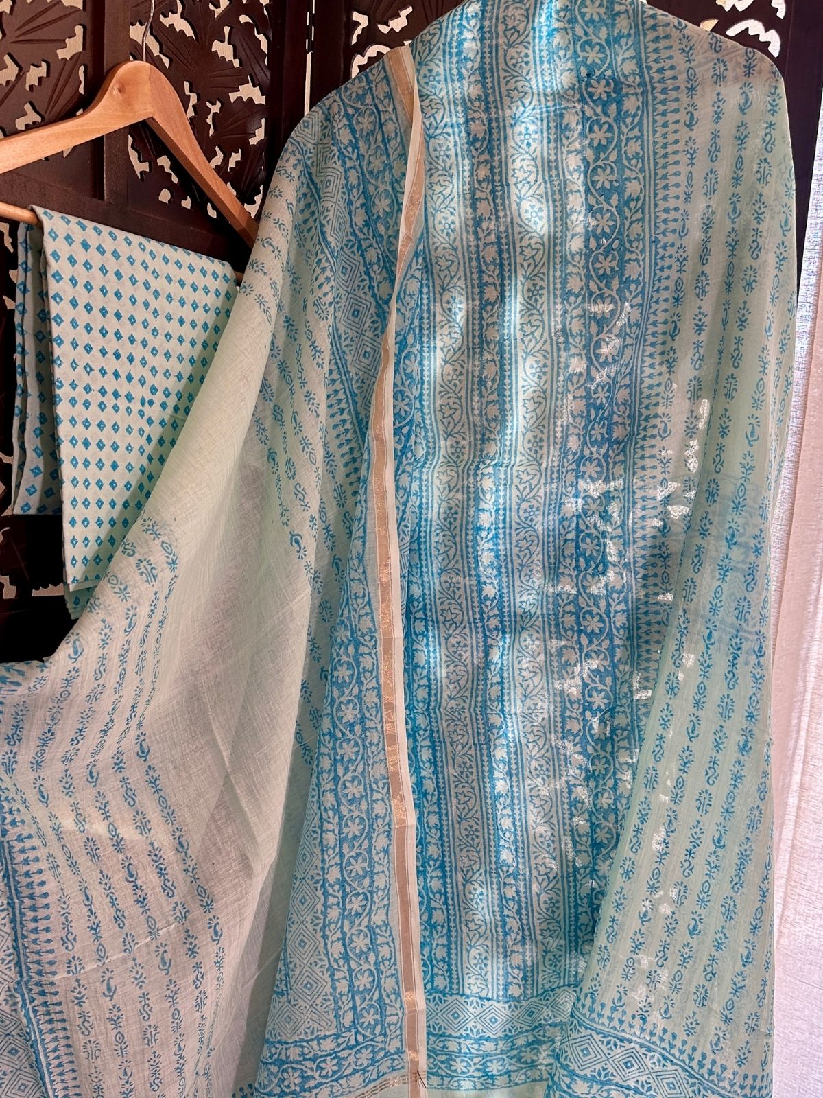 Premium Hand-blocked Malmal Maheswari Unstitched Set
