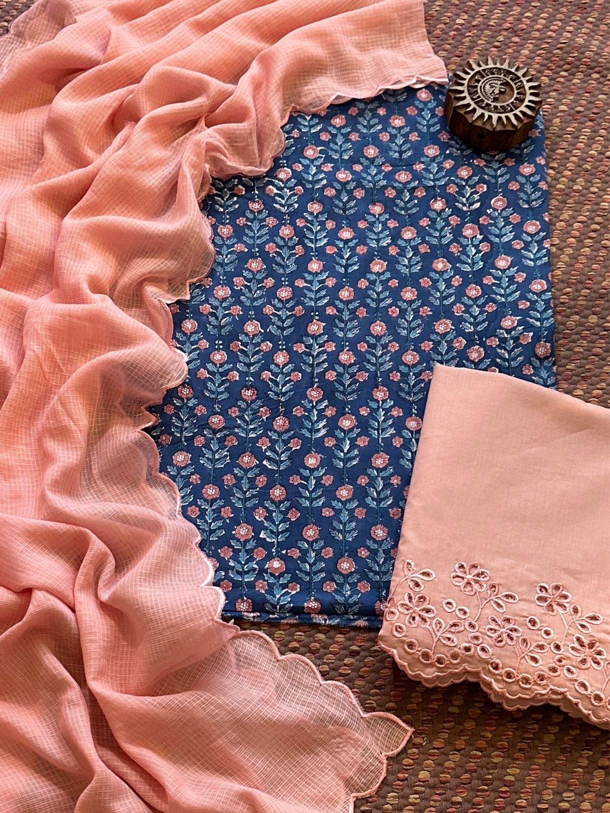 Pure Cotton Hand-blocked Fabric with Cutwork Bottom & Kota Doria Dupatta