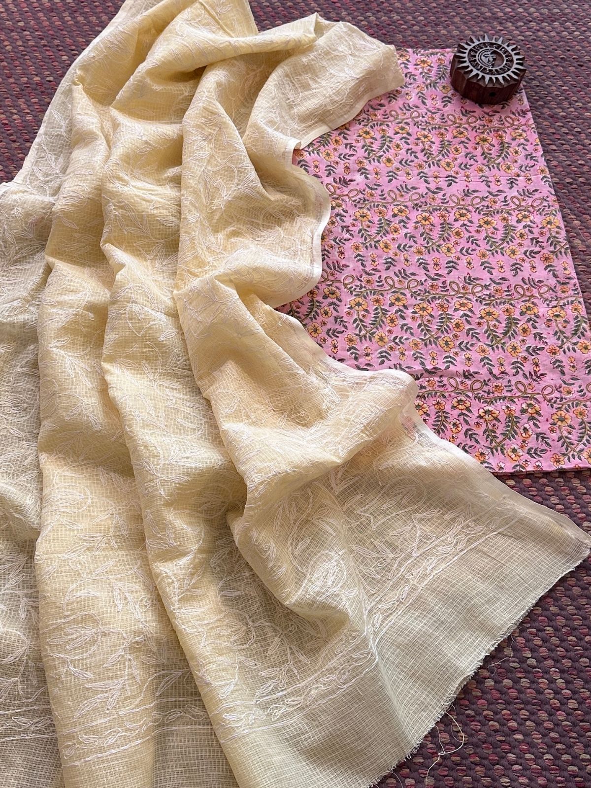 Pure Cotton Malmal Hand Blocked Fabric with Chikankari Dupatta