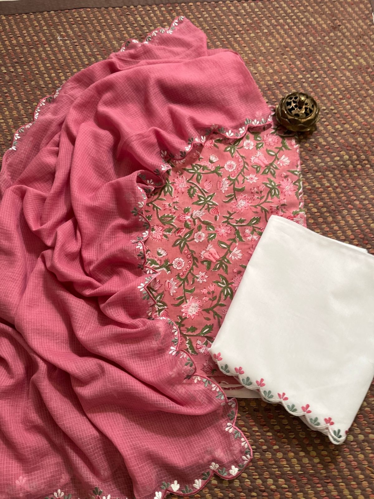 Pure Cotton Hand-block Fabric with Embroidered Bottom & Kota Doria Dupatta