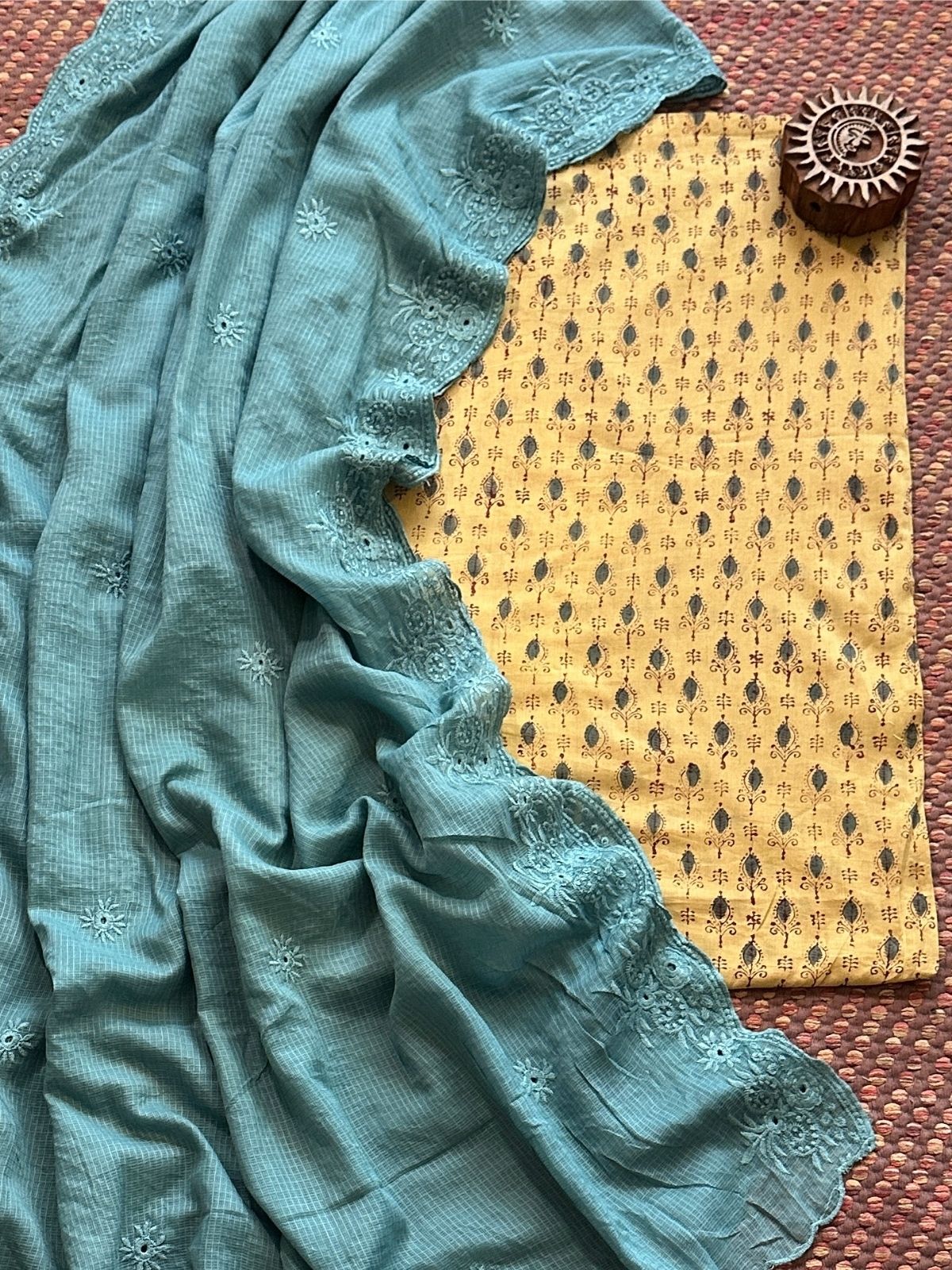 Pure Cotton Malmal Handblock Fabric with Embroidered Kota Dupatta