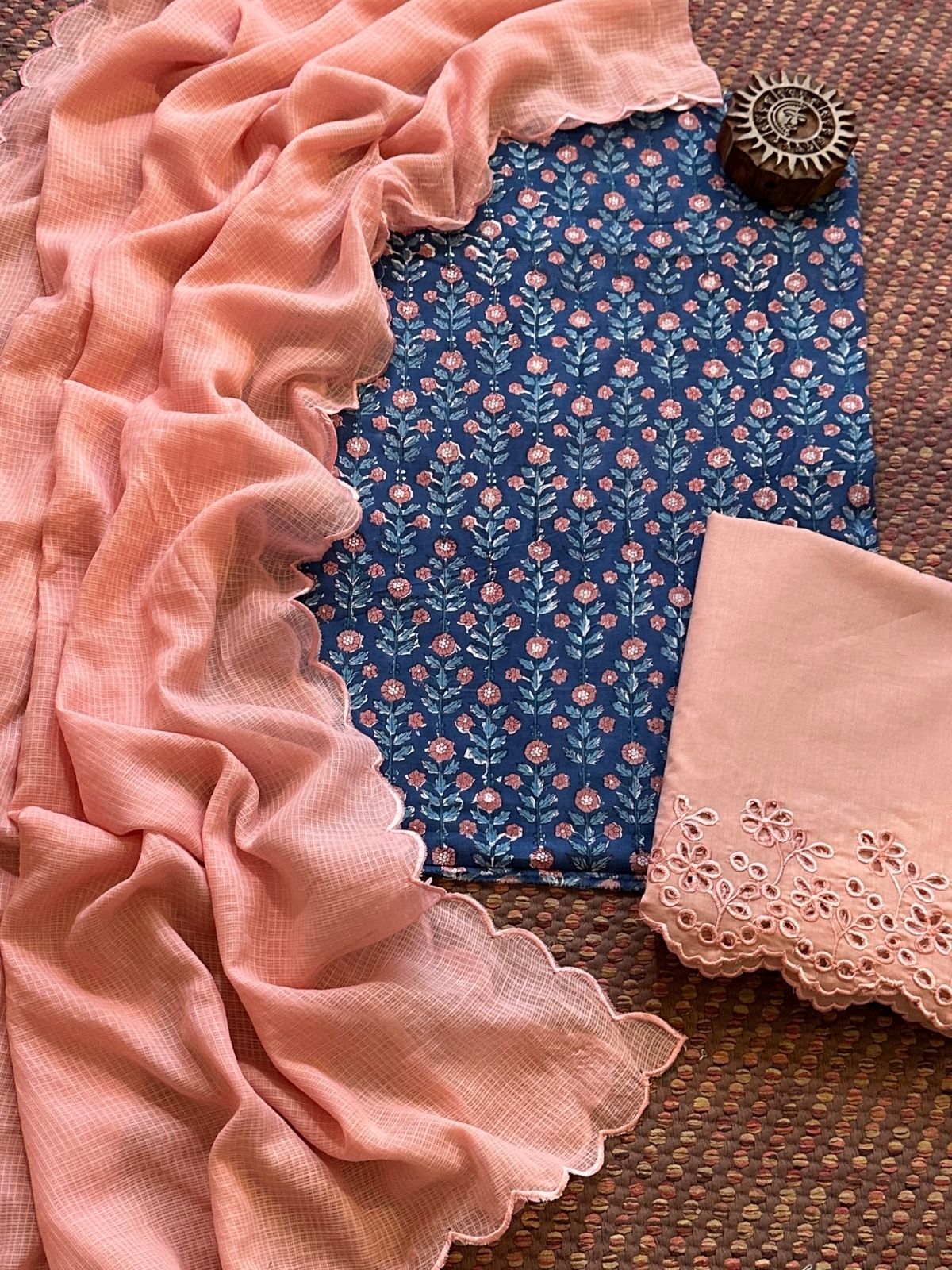 Pure Cotton Hand-blocked Fabric with Cutwork Bottom & Kota Doria Dupatta