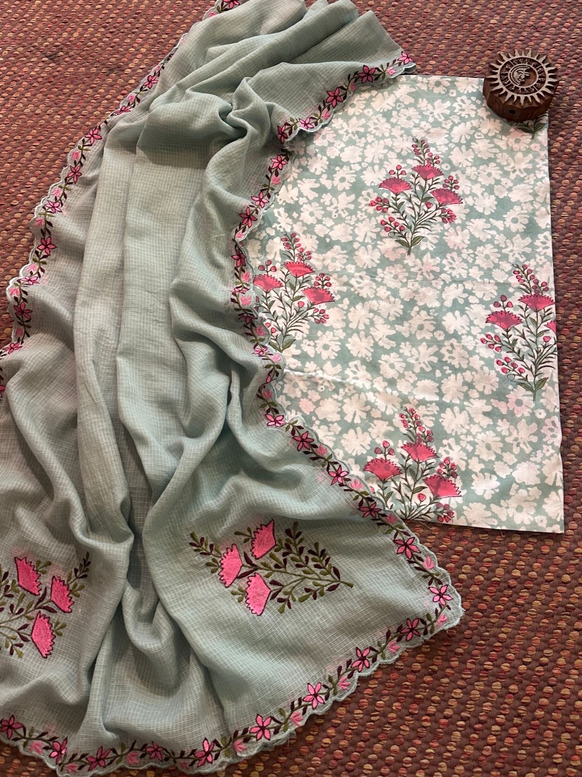 Pure Cotton Handblock Fabric with Exclusive Embroidered Dupatta