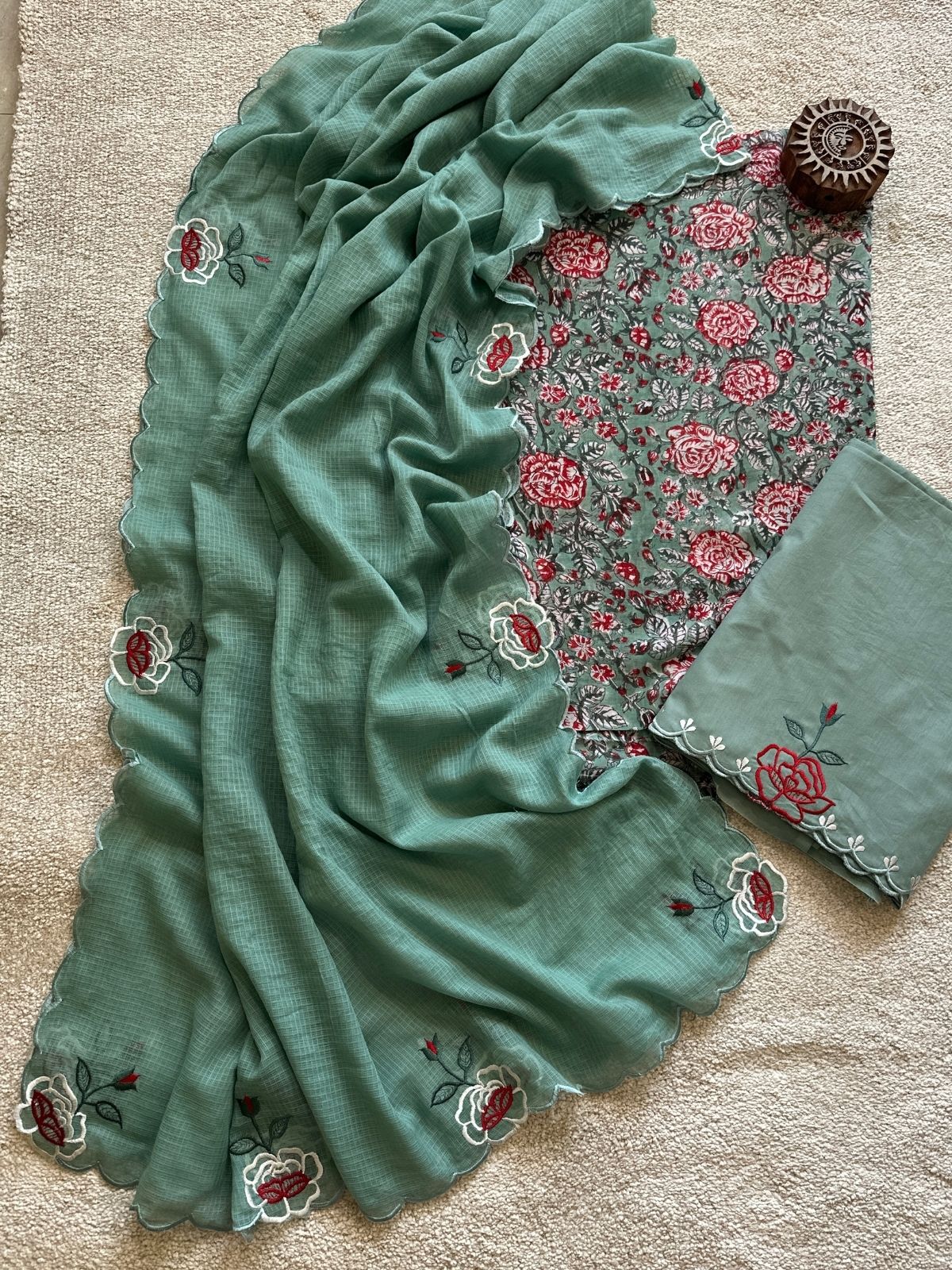 Pure Cotton Hand-block Fabric with Embroidered Bottom & Kota Doria Dupatta