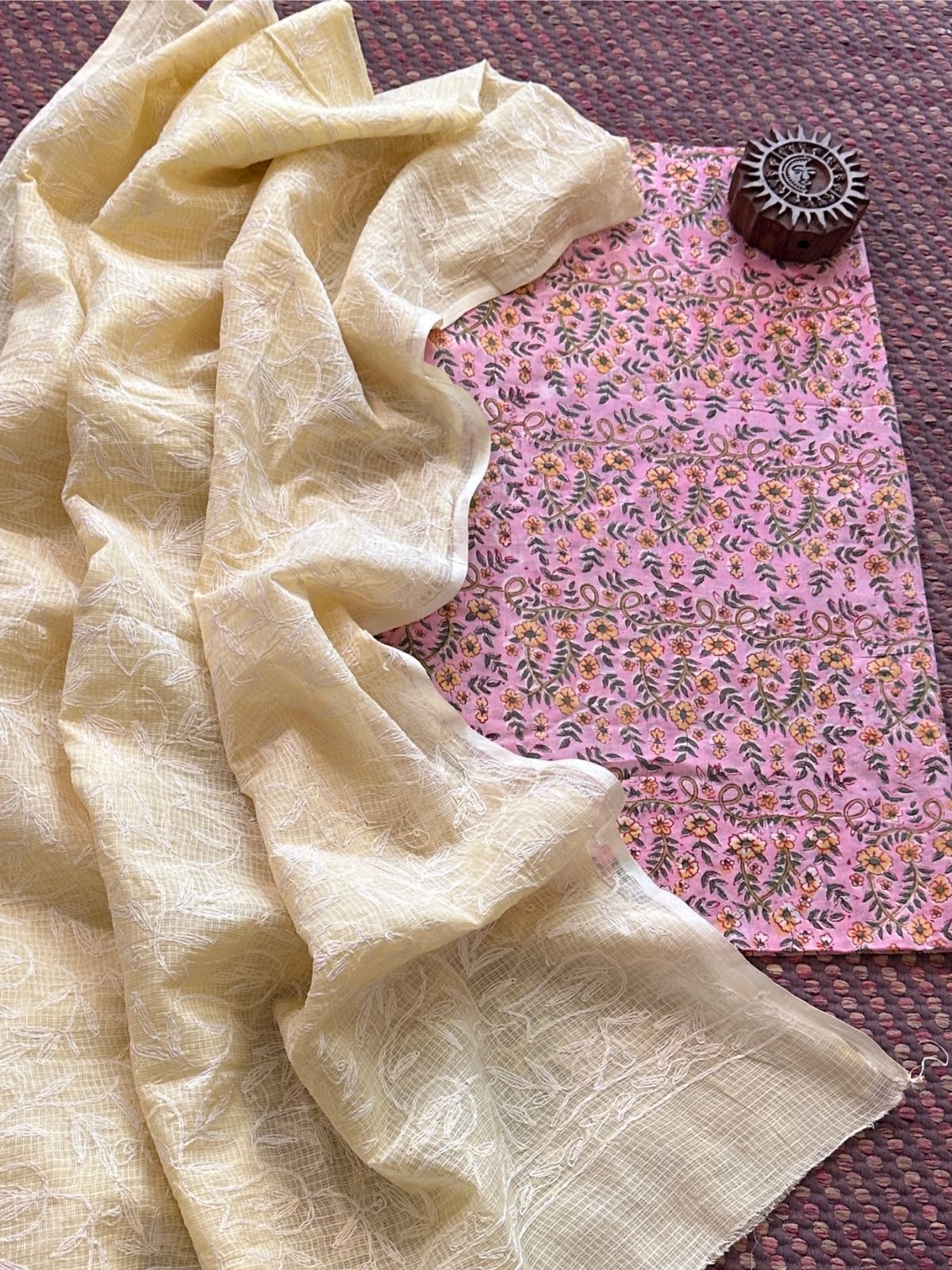Pure Cotton Malmal Hand Blocked Fabric with Chikankari Dupatta