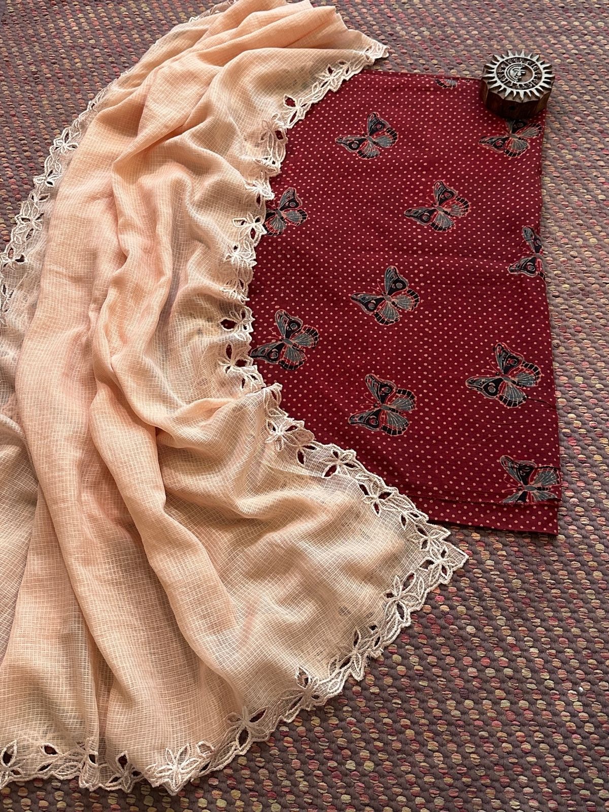 Pure Cotton Malmal Ajrakh Handblock Fabric with Cutwork Embroidered Dupatta