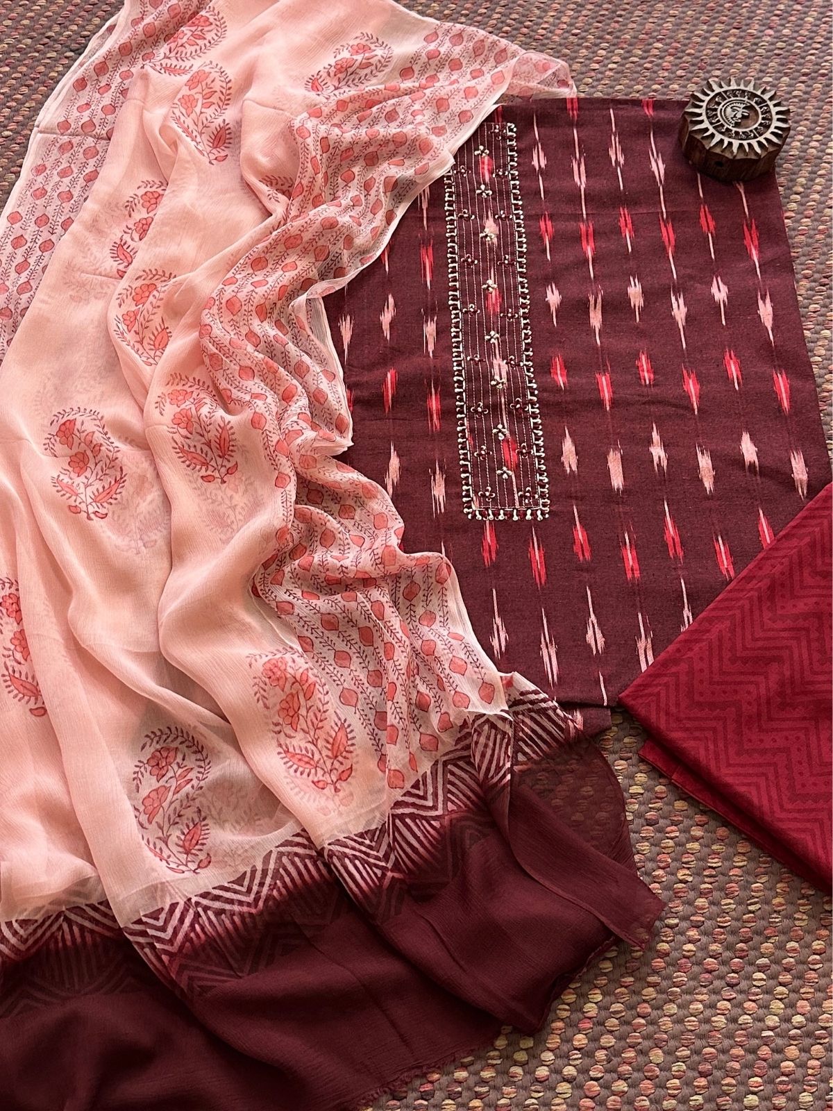 Pure Cotton Ikat Unstitched Set with Chiffon Dupatta