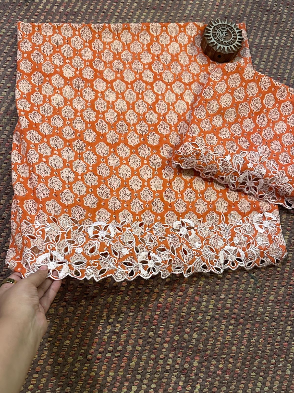 Cutwork Pure Cotton Malmal Hand-blocked Coord Set