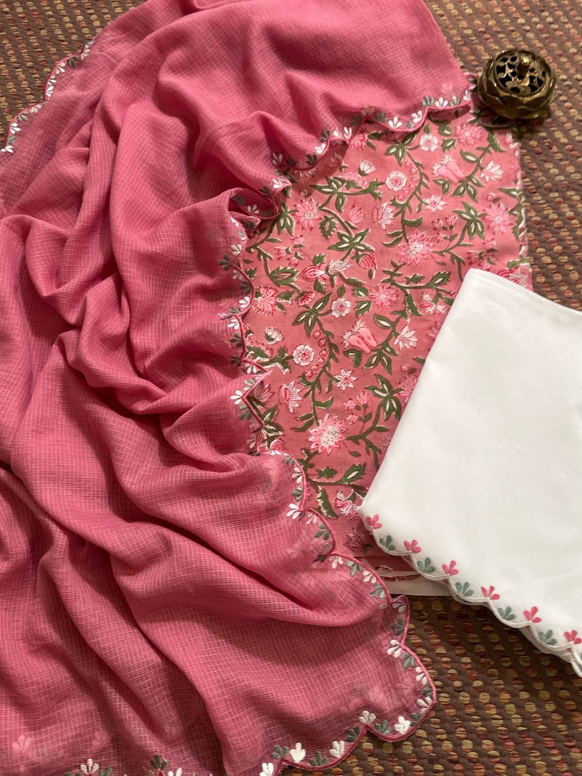 Pure Cotton Hand-block Fabric with Embroidered Bottom & Kota Doria Dupatta