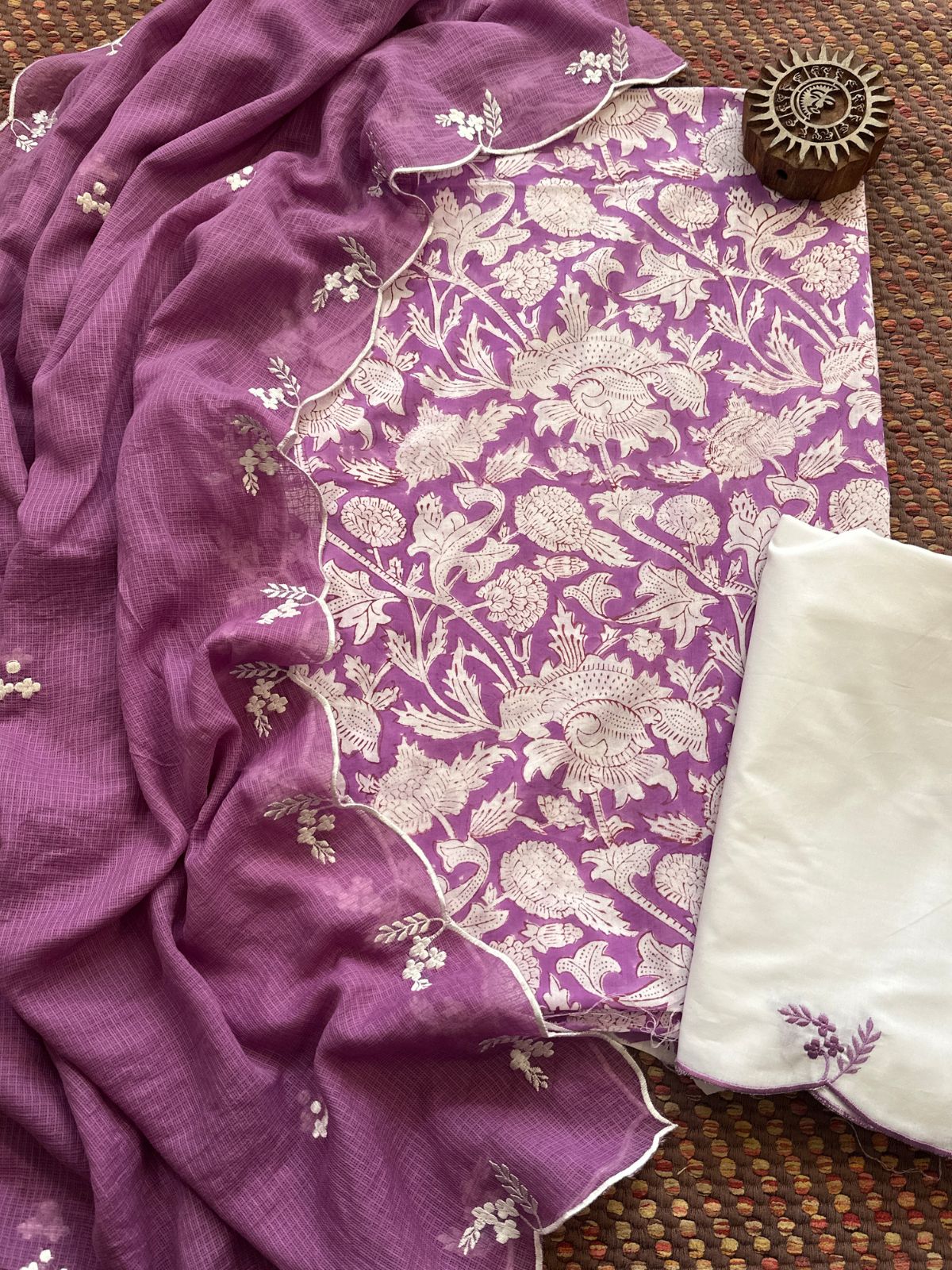 Pure Cotton Hand-block Fabric with Embroidered Bottom & Kota Doria Dupatta