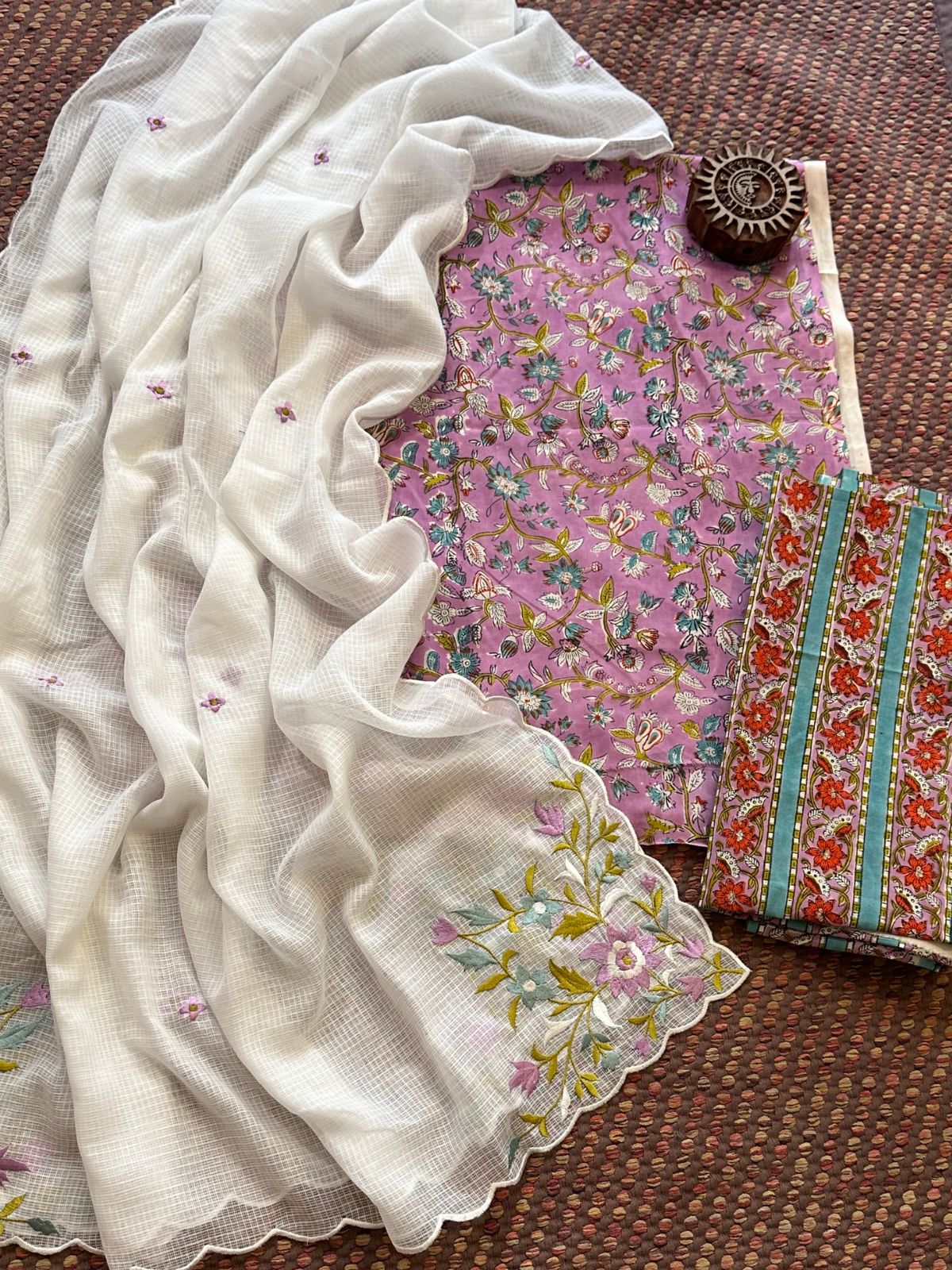 Pure Cotton Malmal Handblock Fabric with Embroidered Dupatta