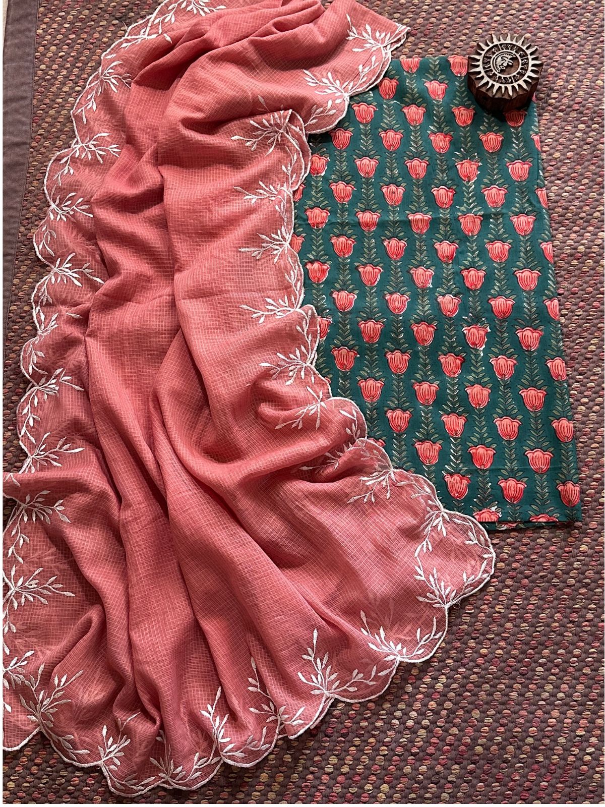 Pure Cotton Hand-blocked fabric set with Embroidered Dupatta